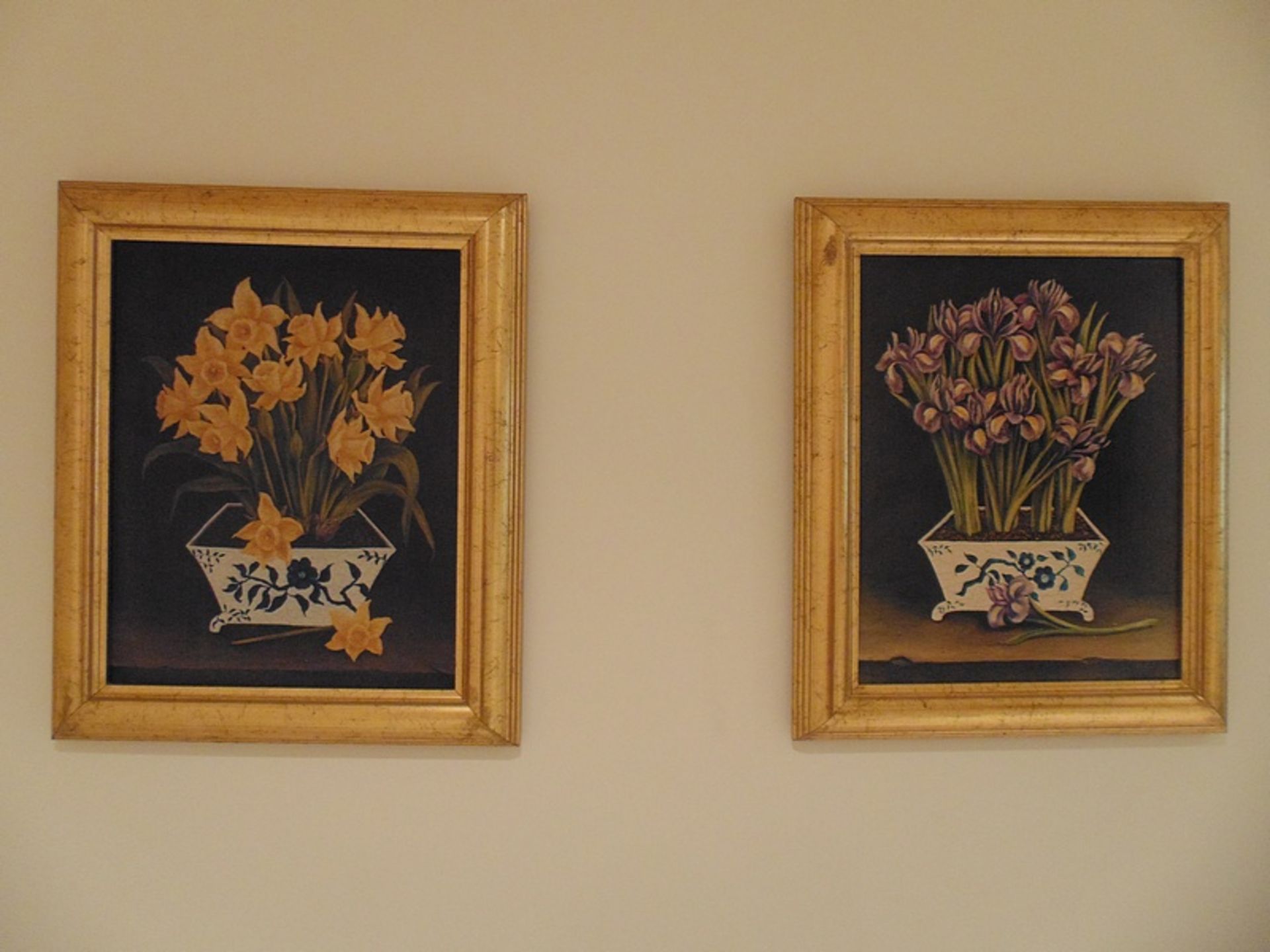 A pair of gilt painted wooden framed prints of flowers 460mmx 330mm