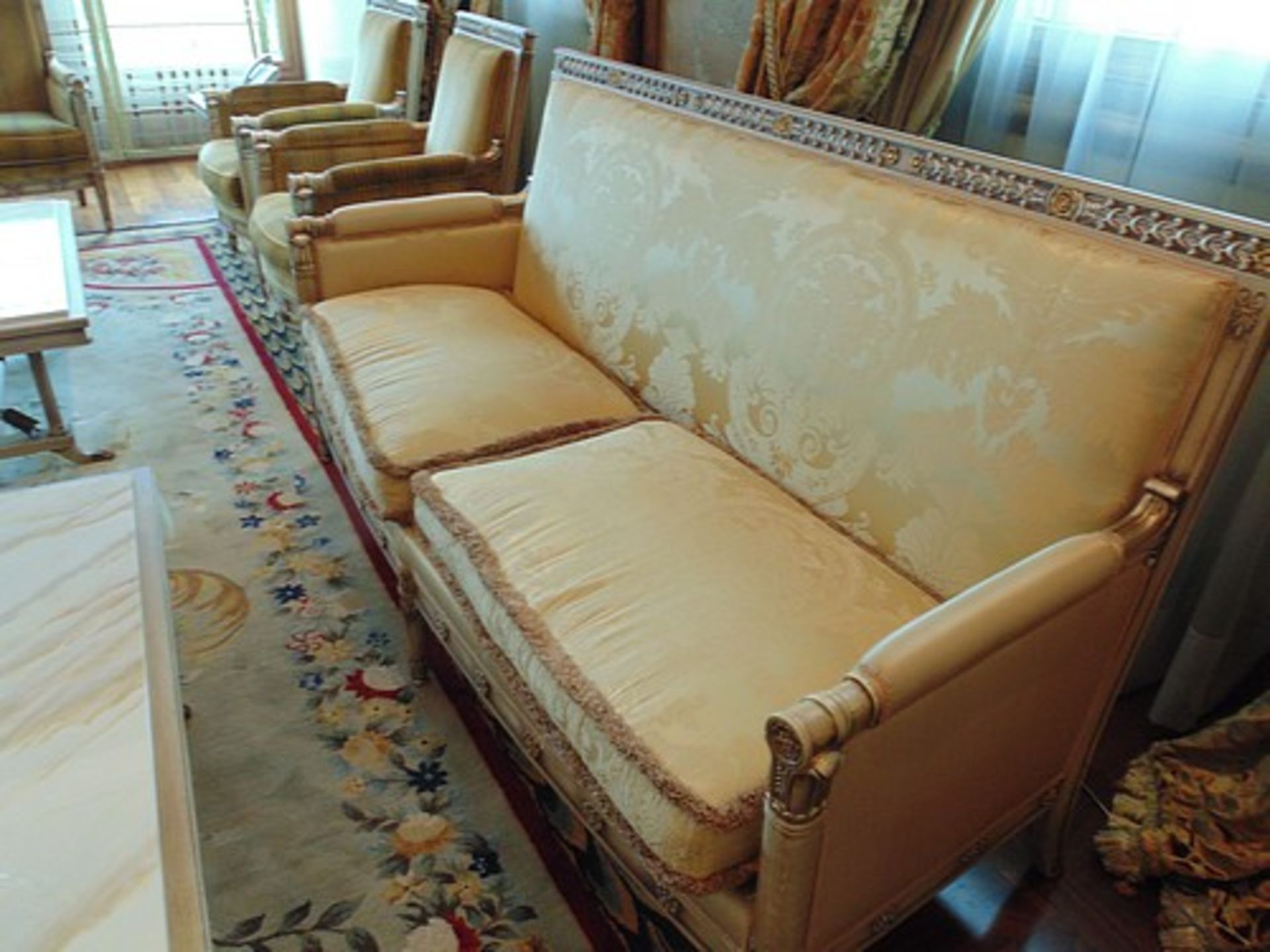 French Directoire Style Settee the rectilinear back has gilded foliage relief and the sides - Image 3 of 3