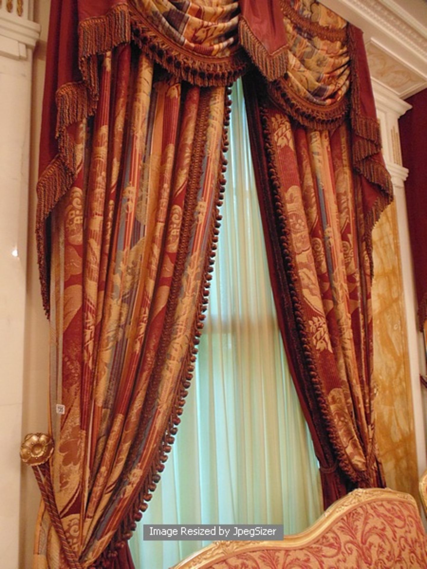 A pair of gold and burgundy curtains supplied by Jacquard from Rudolph Ackermann`s A series design - Image 3 of 7