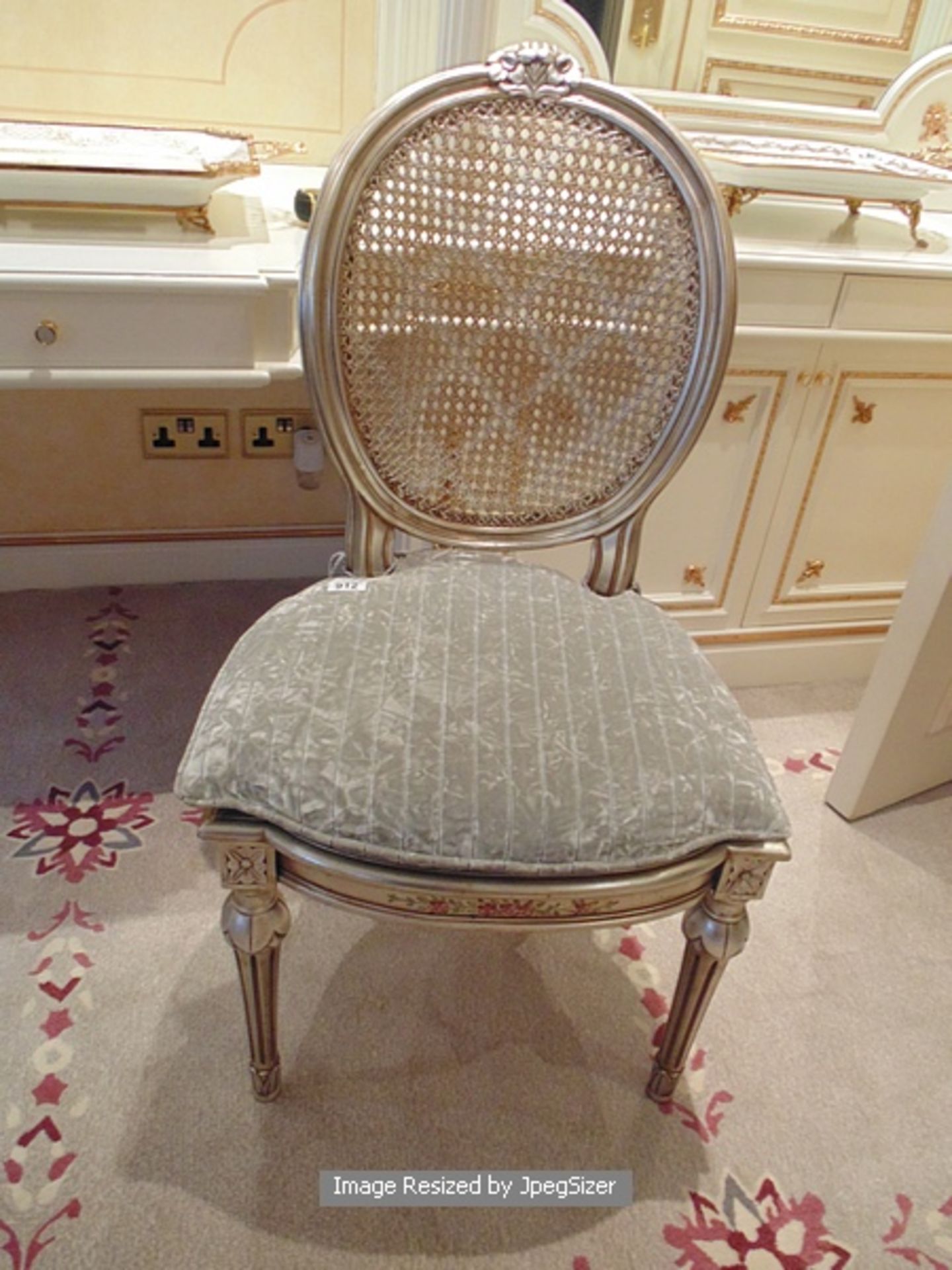 Louis XV style painted and parcel gilt side chair, chair upholstered with a framed cane woven back