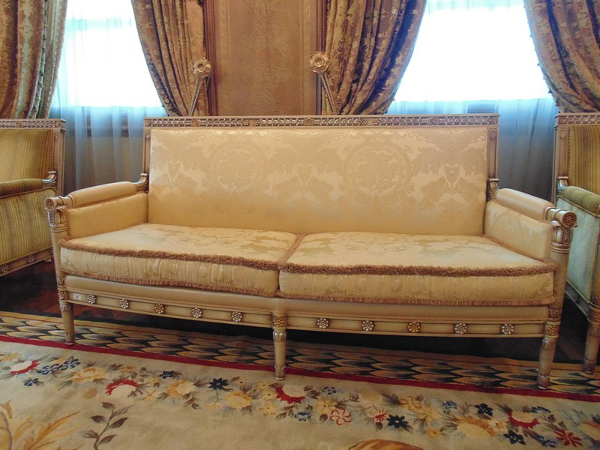 French Directoire Style Settee the rectilinear back has gilded foliage relief and the sides - Image 2 of 2