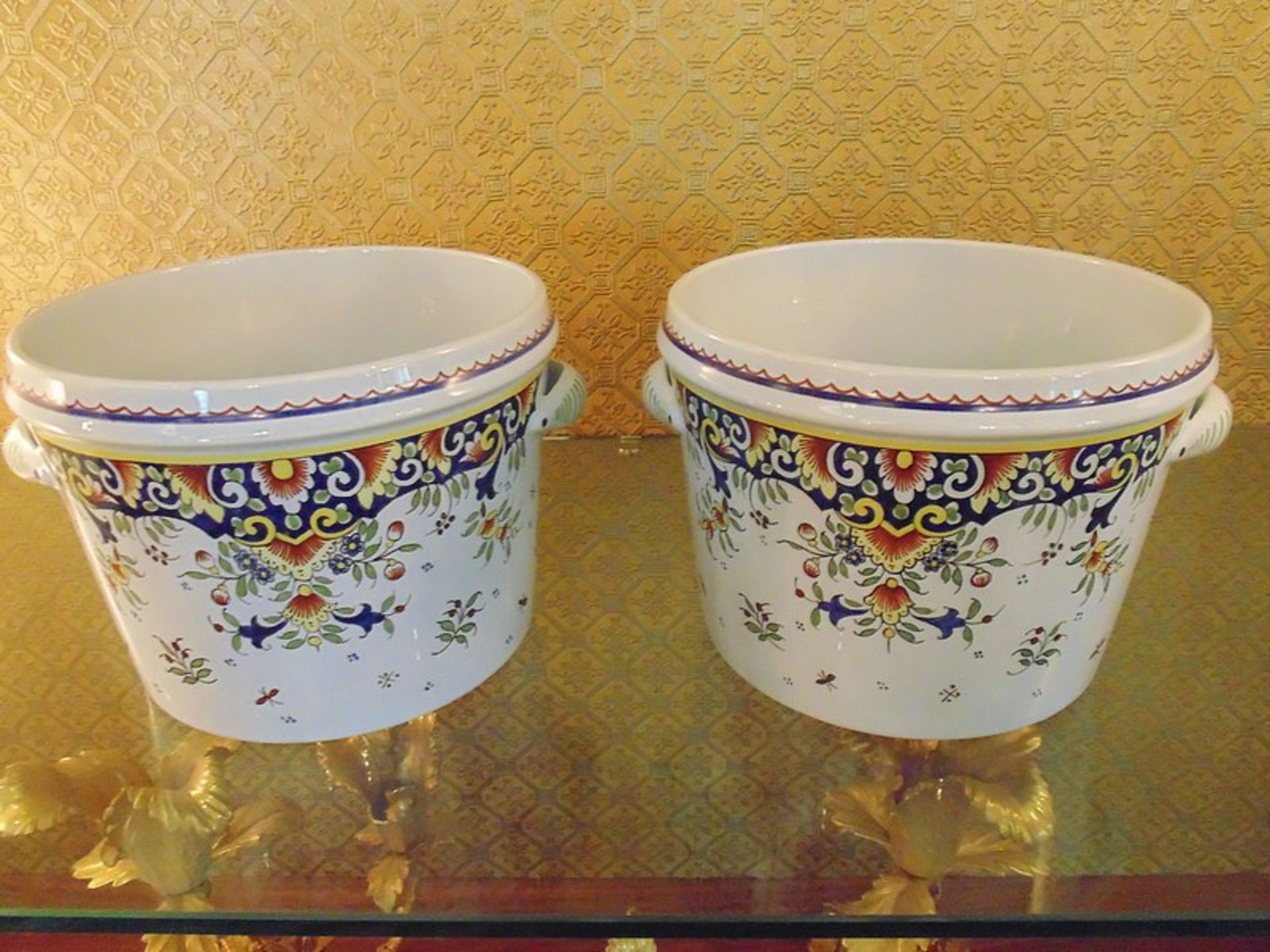 A pair of Fontaine tiled faïence handled pots inscribed Peint à la Main Geo Martel Décoration - Image 3 of 3