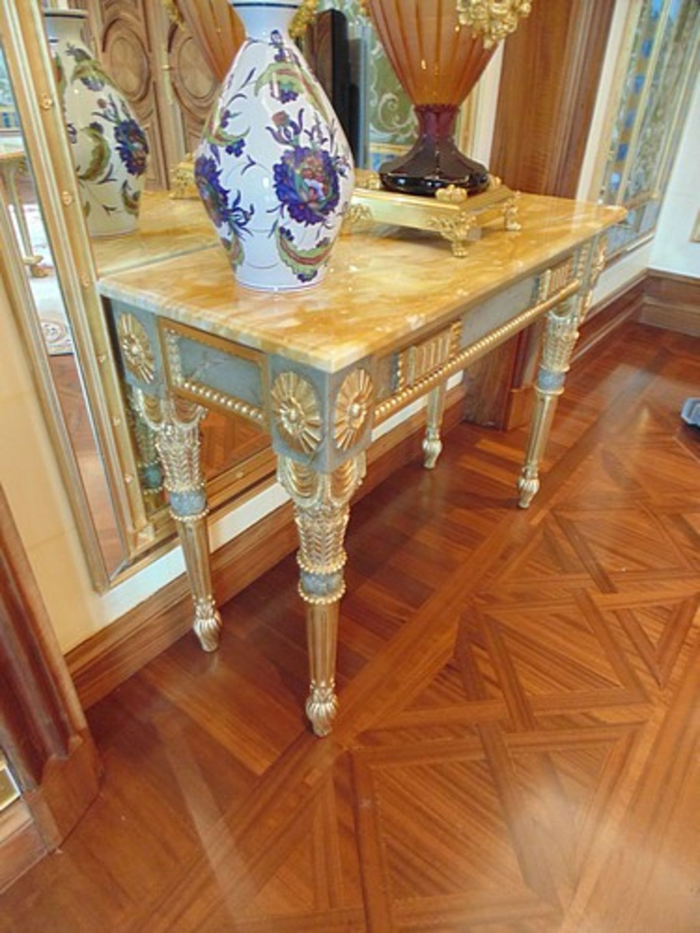 Neoclassical Italian painted and parcel gilt console with marble top, applied medallions detail on - Image 3 of 4