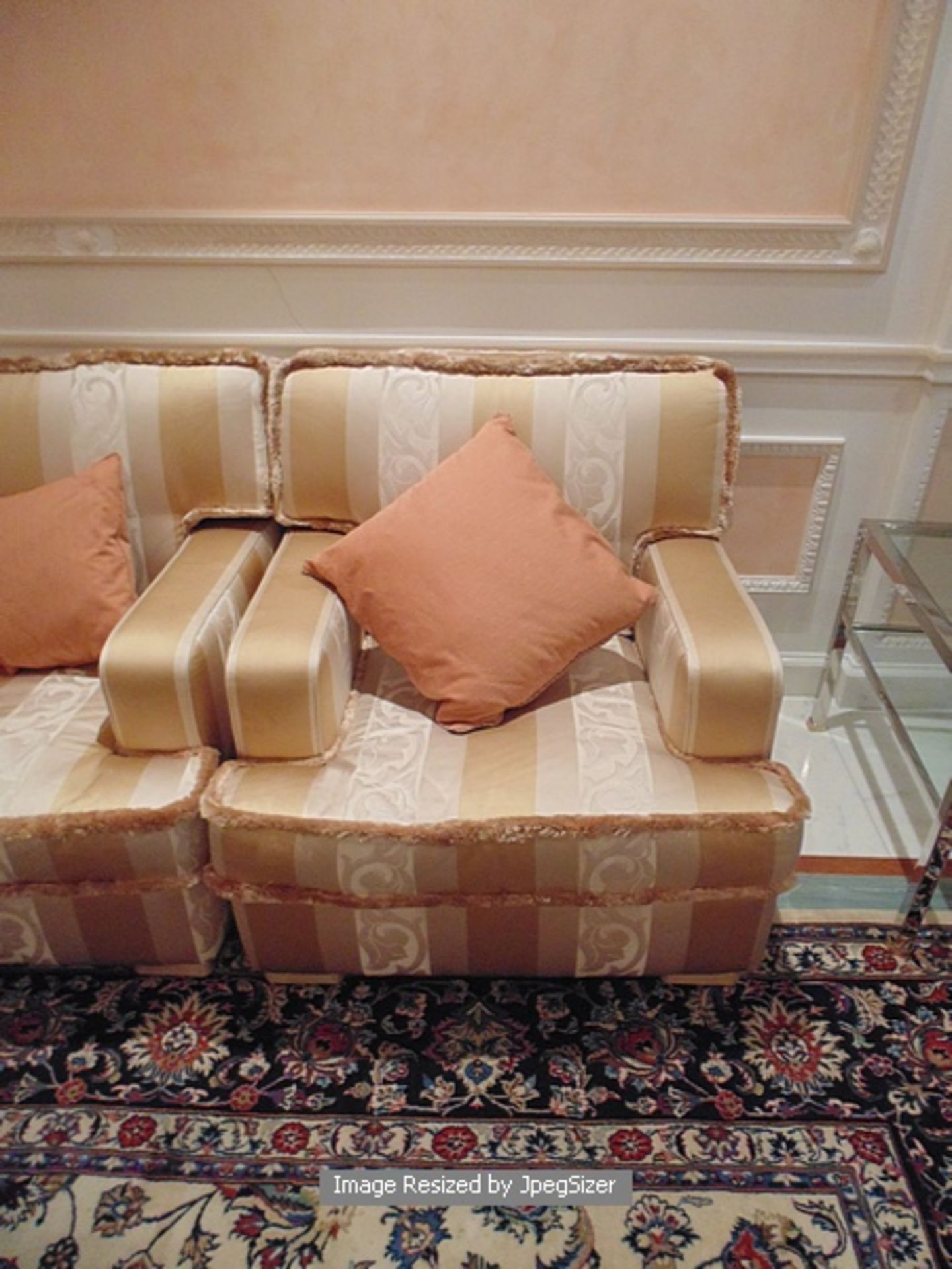 An upholstered heavily padded three piece suite comprising of three seater sofa upholstered in cream - Image 2 of 3