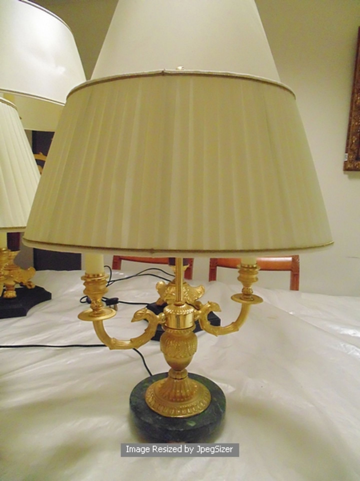 A pair of two candle Laudarte Nicippe table lamps, bronze castings with central column 24ct. gold - Image 4 of 4