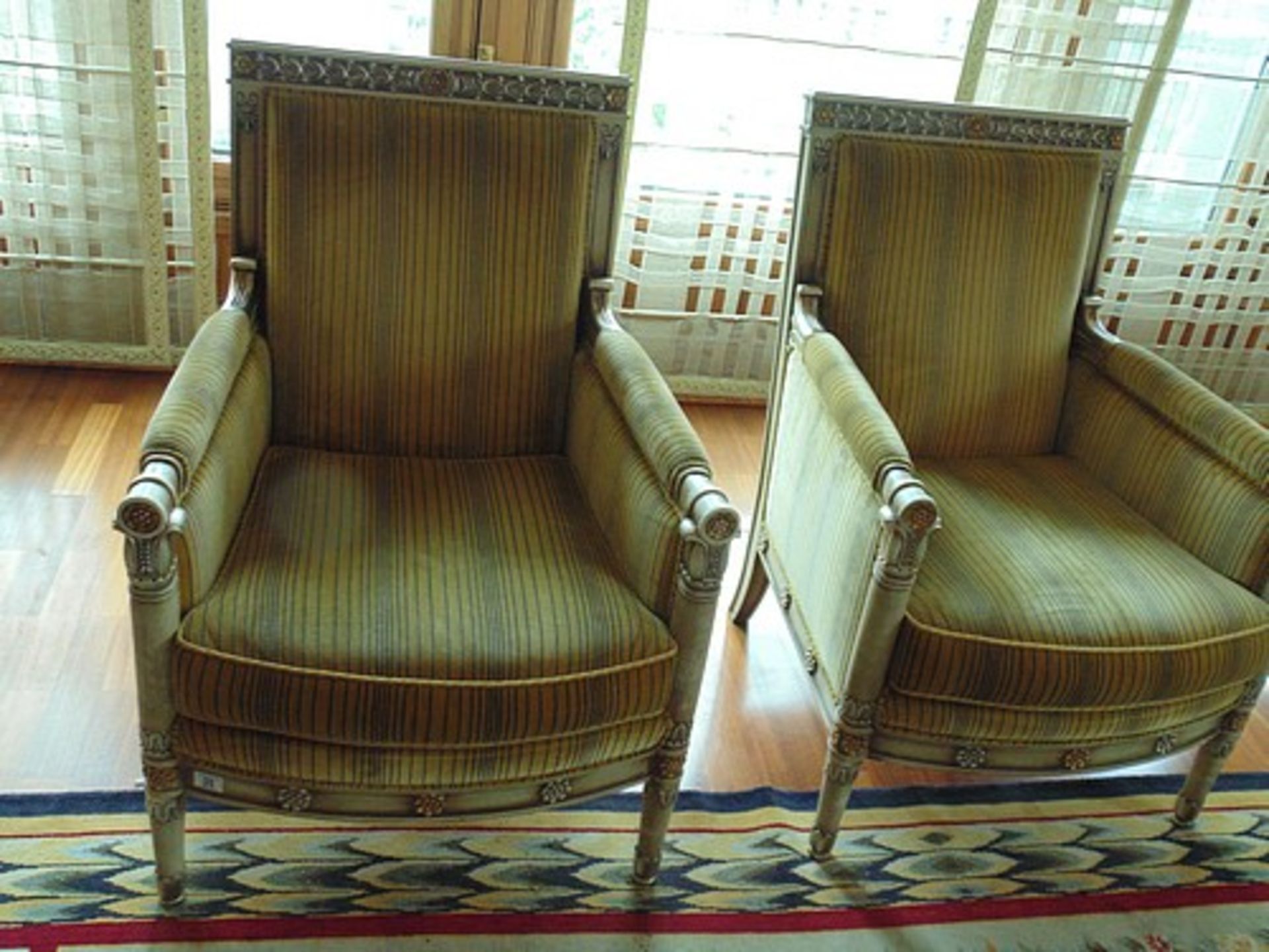 A pair of Louis XVI style Directoire Bergères painted and lacquered wood armchairs 720mm x 700mm x