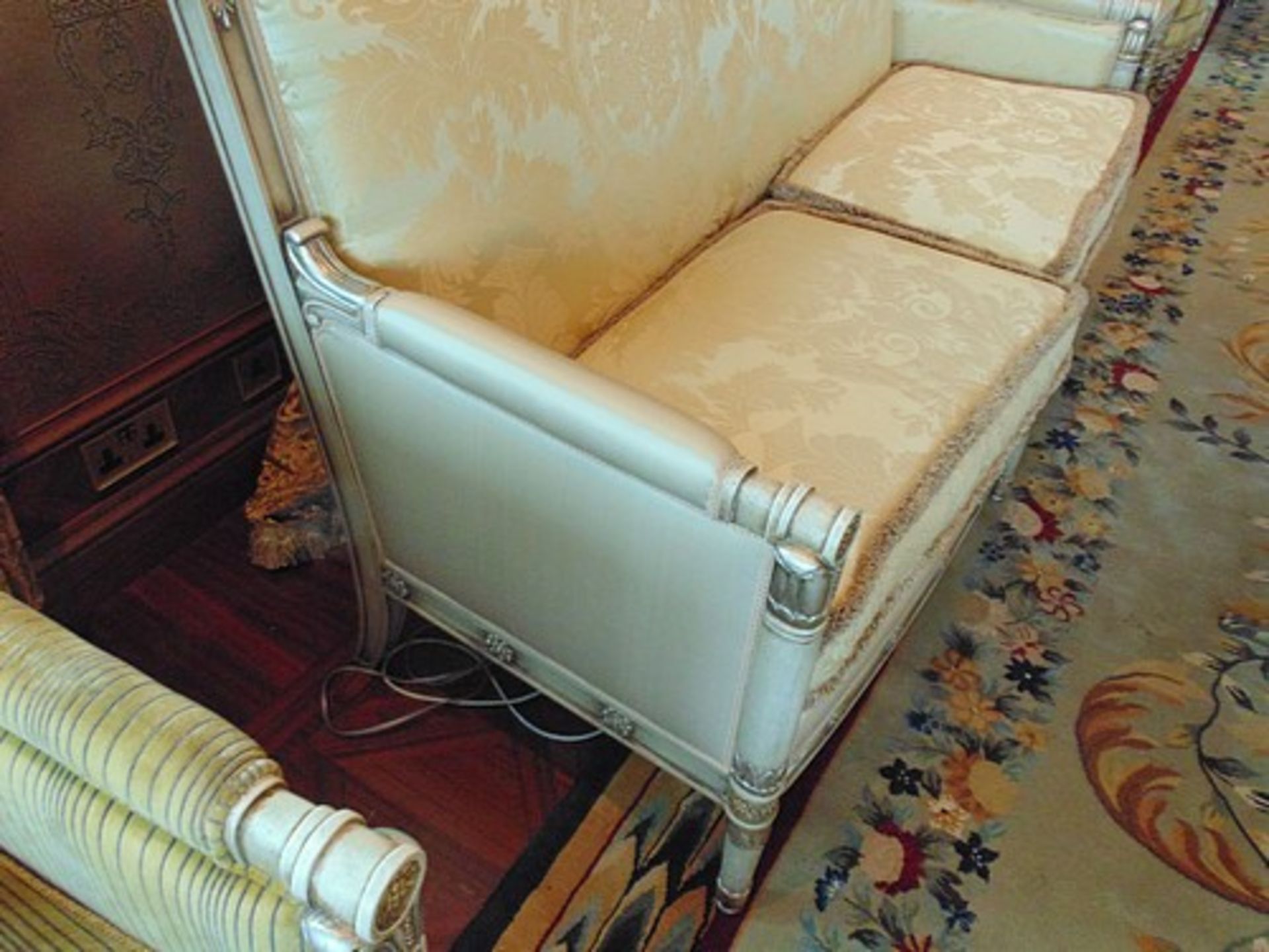 French Directoire Style Settee the rectilinear back has gilded foliage relief and the sides - Image 2 of 3