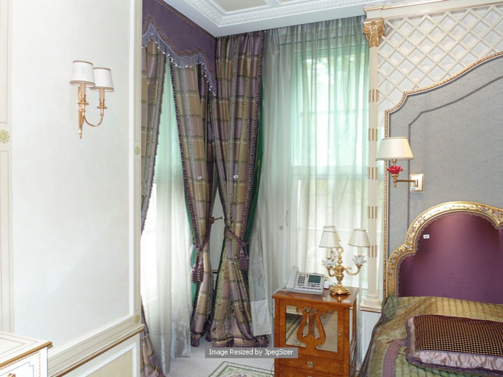 A pair of luxury check pattern curtains supplied by Jacquard, gold and green and mauve fabric from - Image 2 of 3