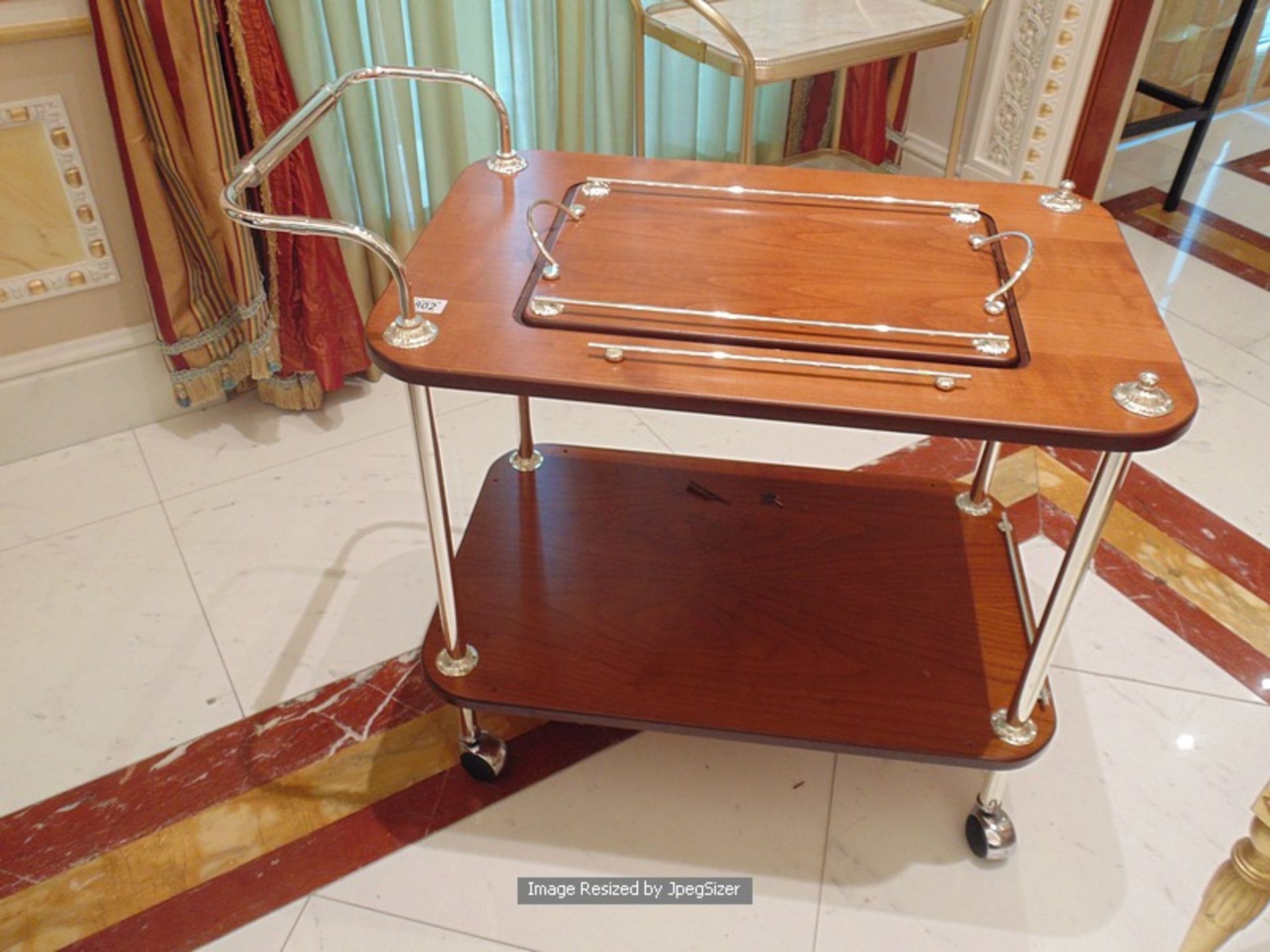 Dimart Milano two tier wood and silver plate service trolley the top panel removes to expose a