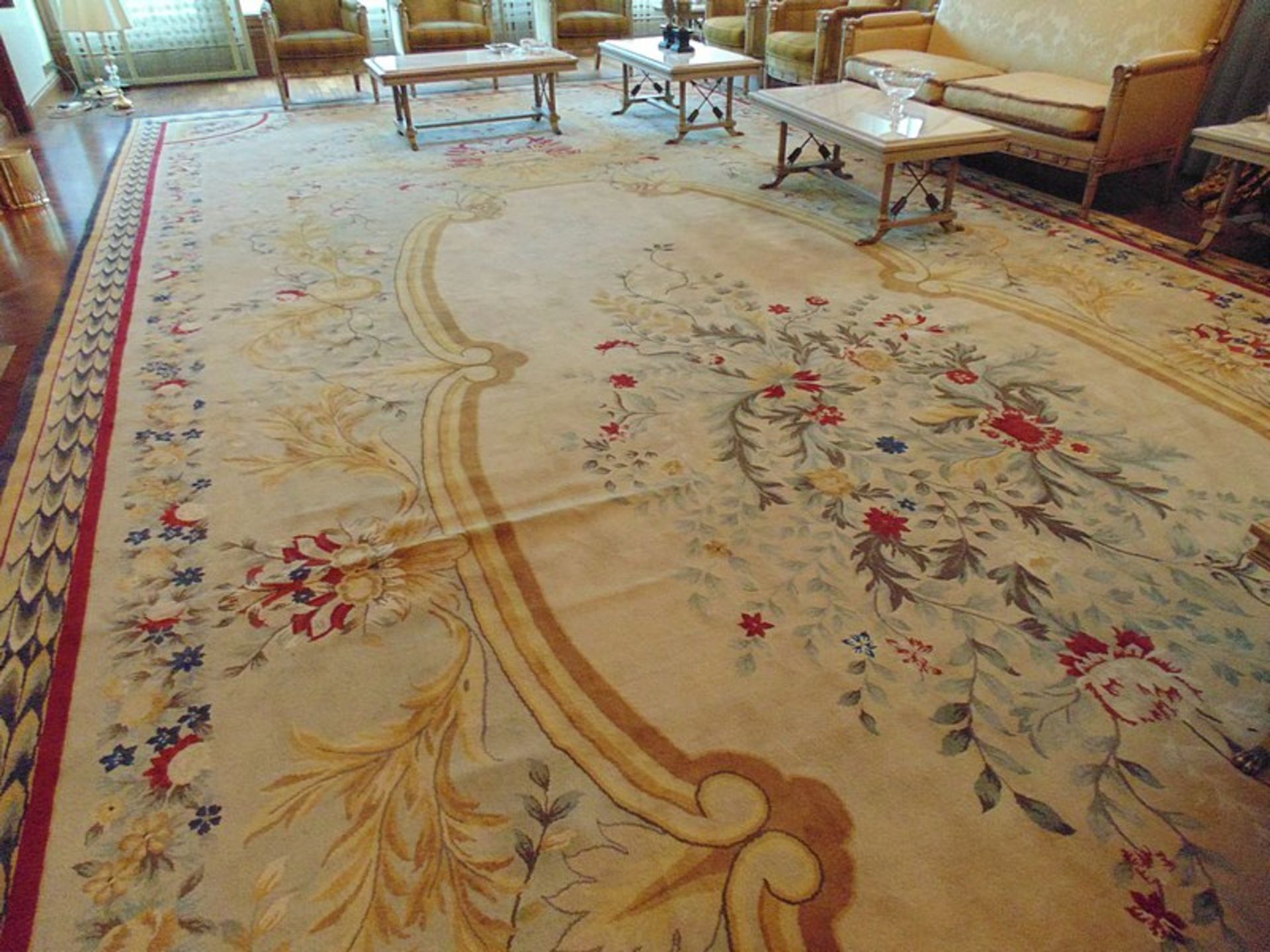 A sumptuous 100% pure new wool carpet 11.2m x 4.4m cream field with a floral central medallion and - Image 2 of 4