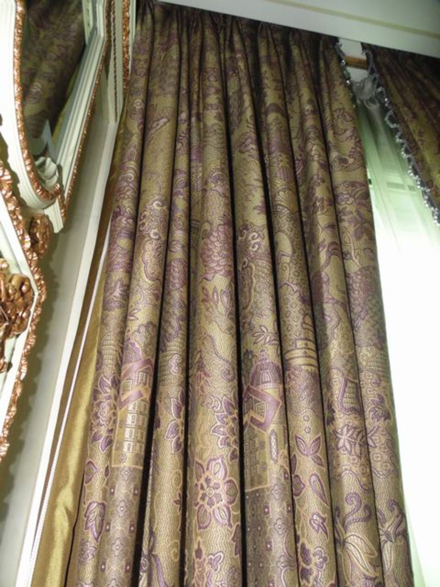 A pair of mauve and gold pattern curtains supplied by Jacquard, gold and mauve fabric from Marvi - Image 2 of 4