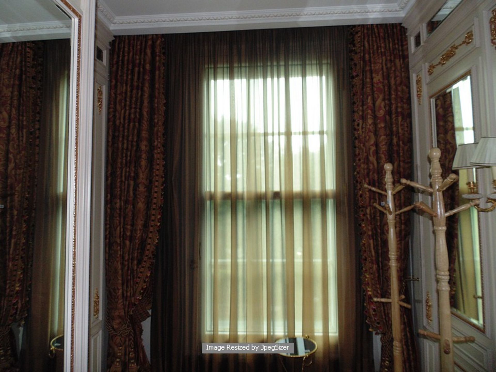 A pair of gold and burgundy curtains supplied by Jacquard gold and burgundy fabric from Marvi - Image 2 of 4