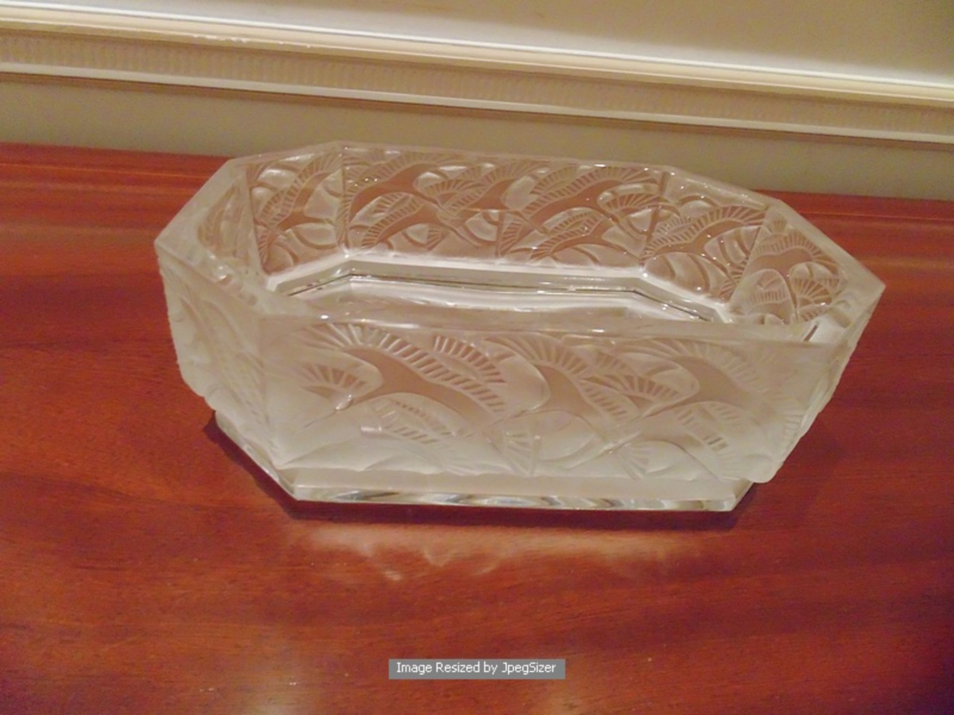 A opalescent crystal etched glass ovoid bowl 300mm x 200mm x 100mm