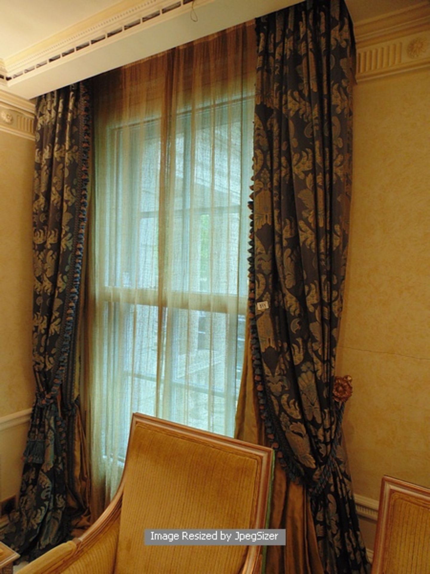 A pair of blue and gold patterned curtains supplied by Jacquard, blue and gold fabric from Marvi - Image 2 of 2