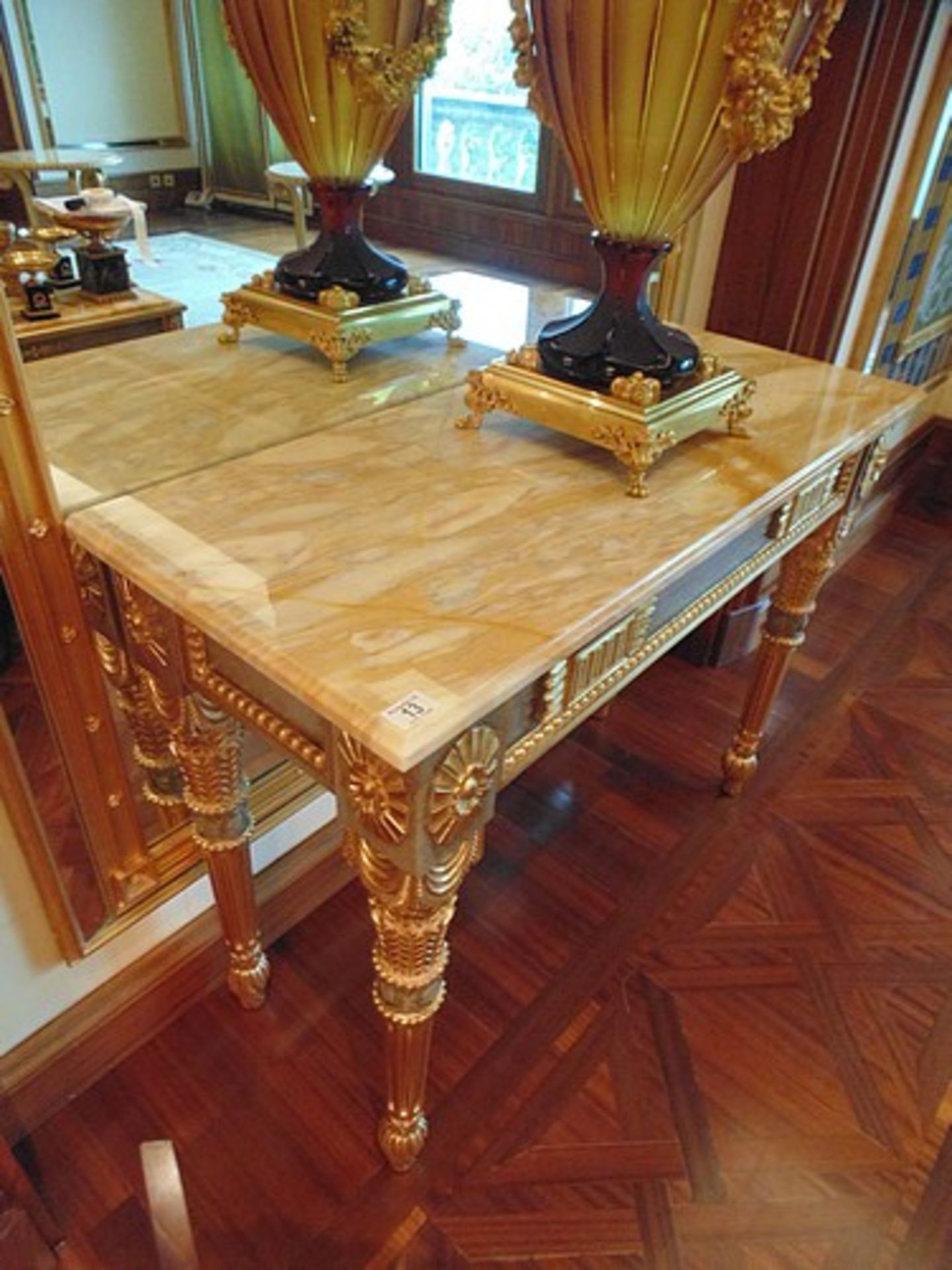 Neoclassical Italian painted and parcel gilt console with marble top, applied medallions detail on - Image 3 of 3