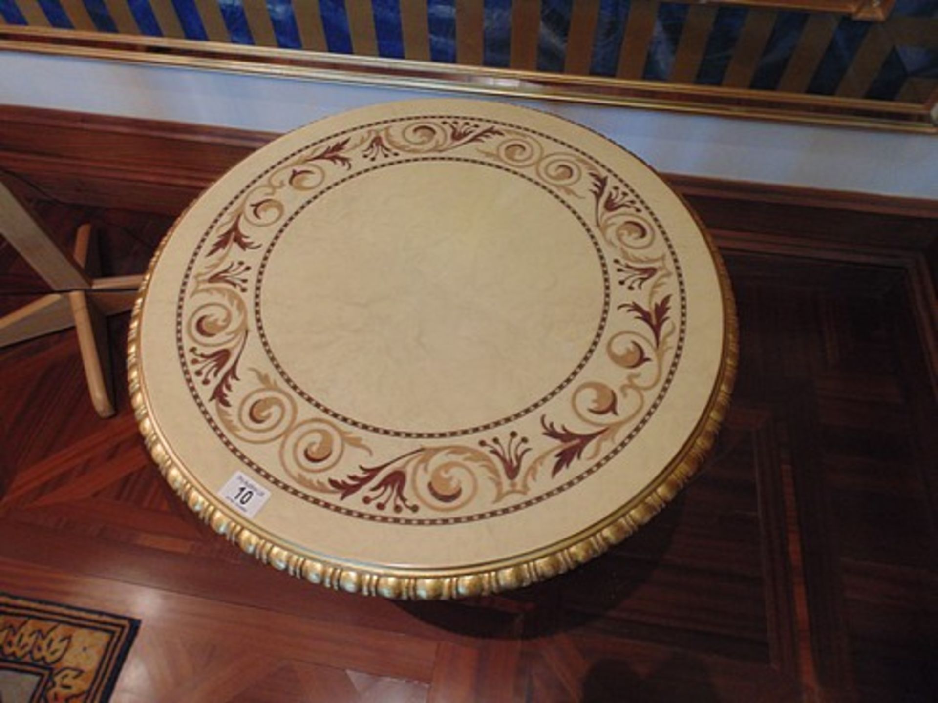 Continental parcel wood centre table 620mm diameter the top with floral motif mounted over three - Image 3 of 3