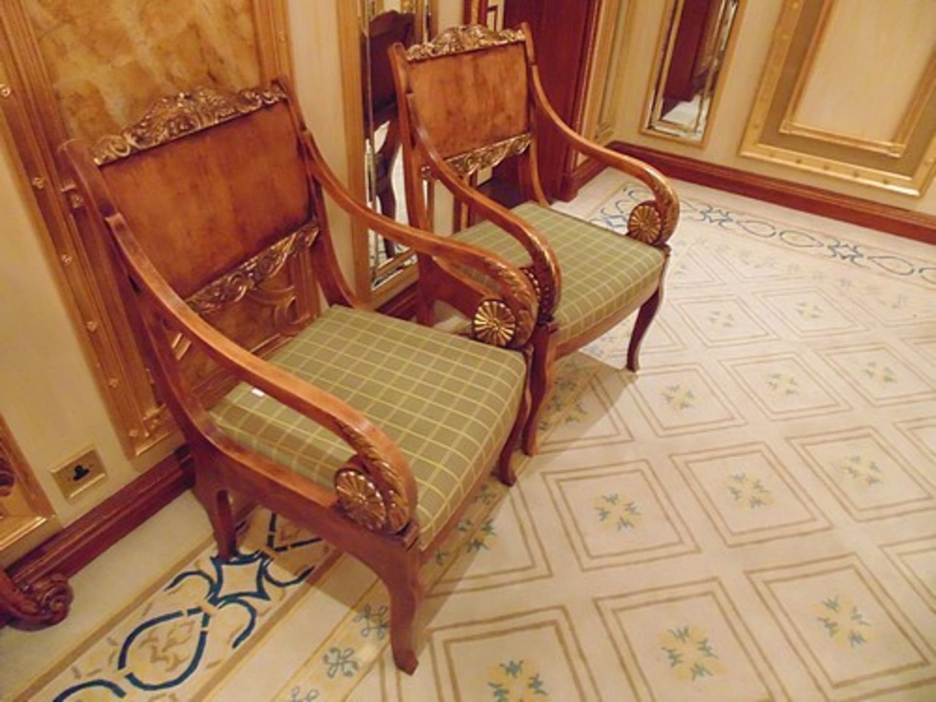 Pair of French Louis XVI Style armchairs straight shoulder boards with book match veneer, carved - Image 2 of 2