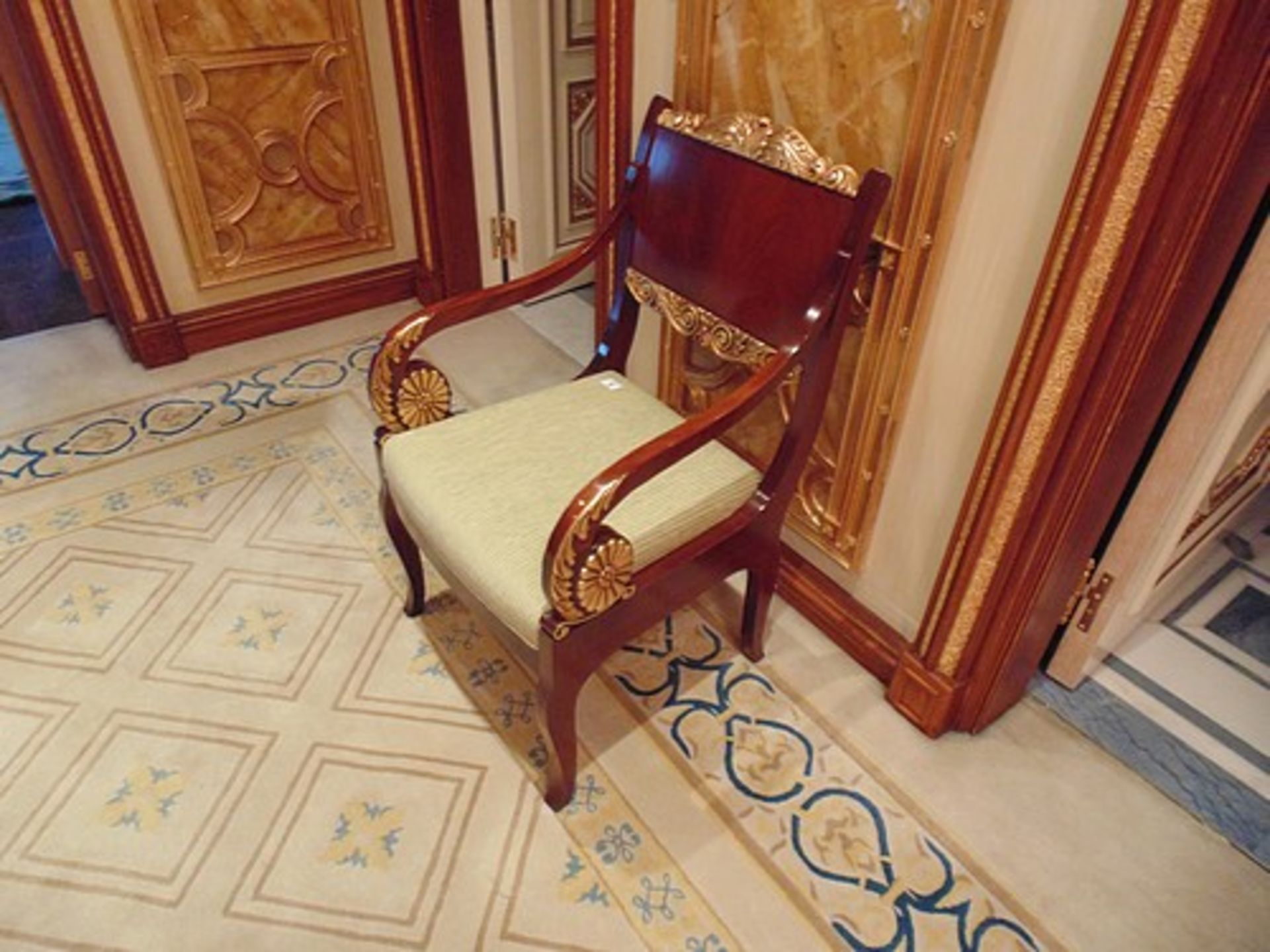 French Louis XVI Style armchairs straight shoulder boards with book match veneer, carved giltwood - Image 2 of 2