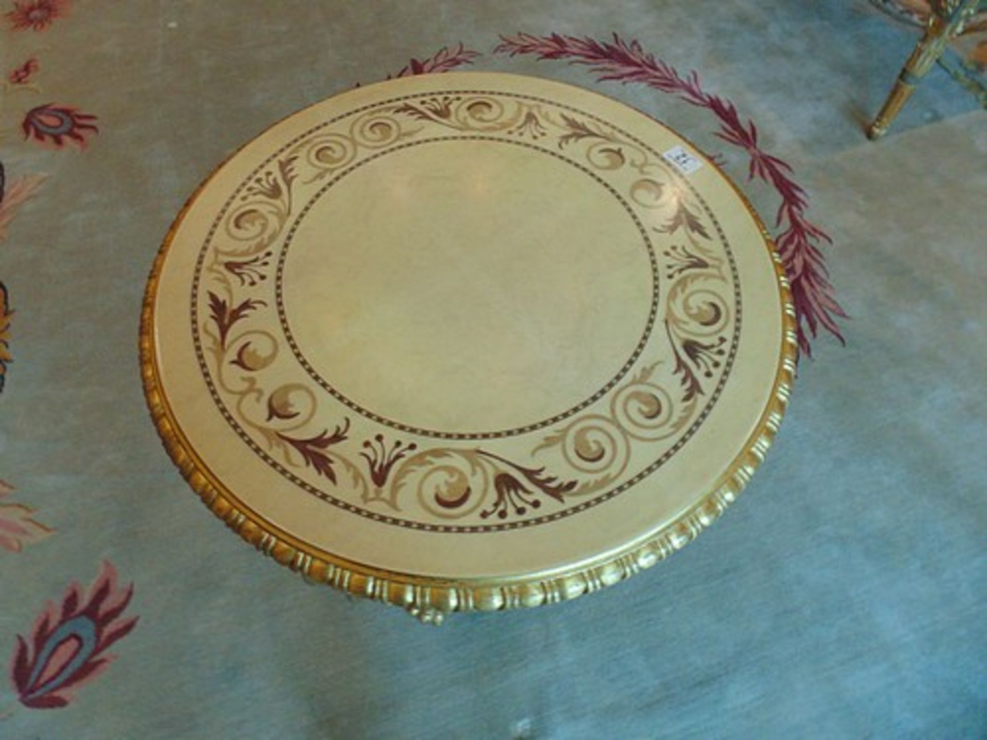 Continental parcel wood centre table 620mm diameter the top with floral motif mounted over three - Image 3 of 3