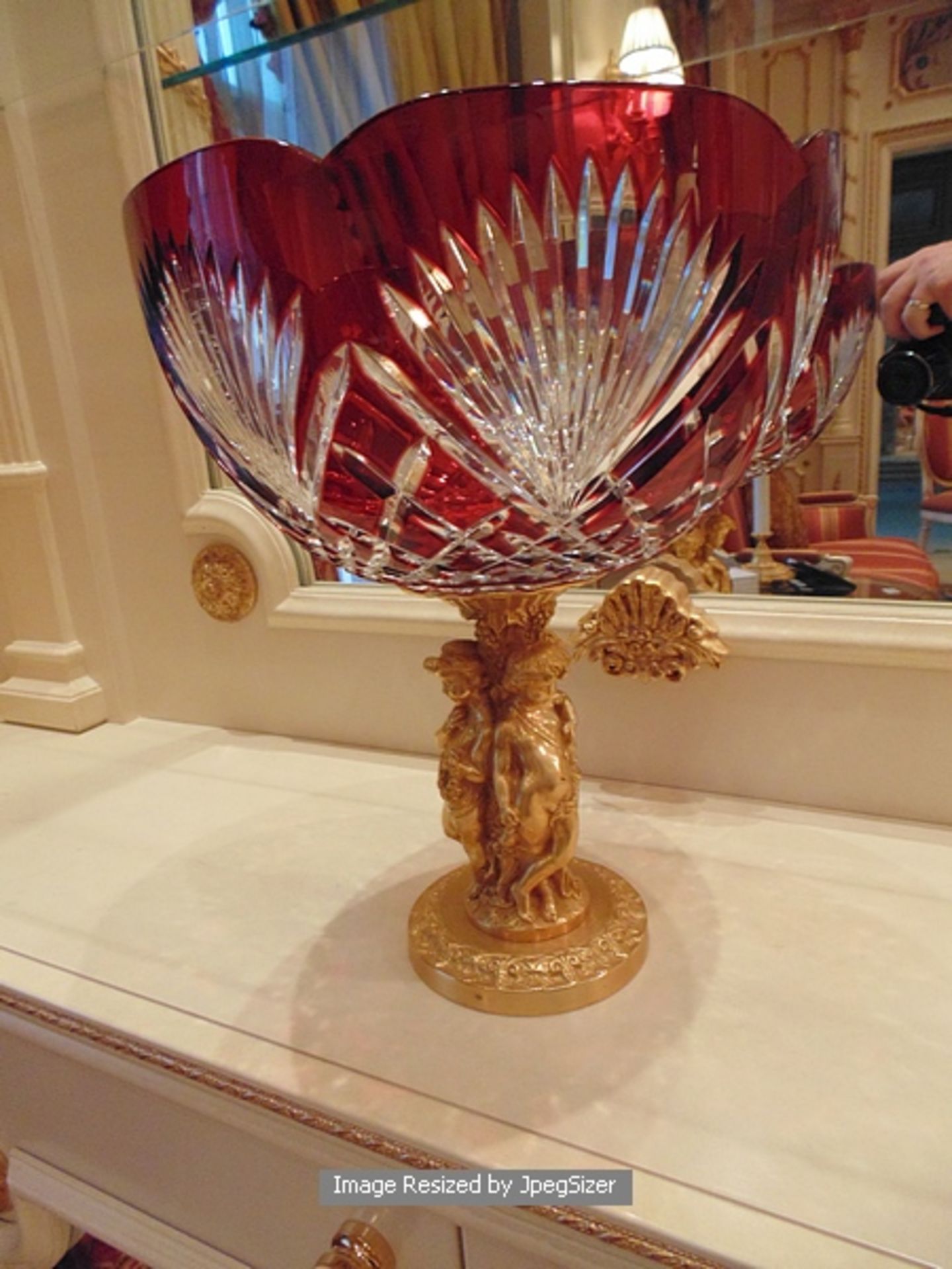 Baldi Home Jewels stunning ruby red and clear crystal scalloped cup bowl mounted on bronze figural