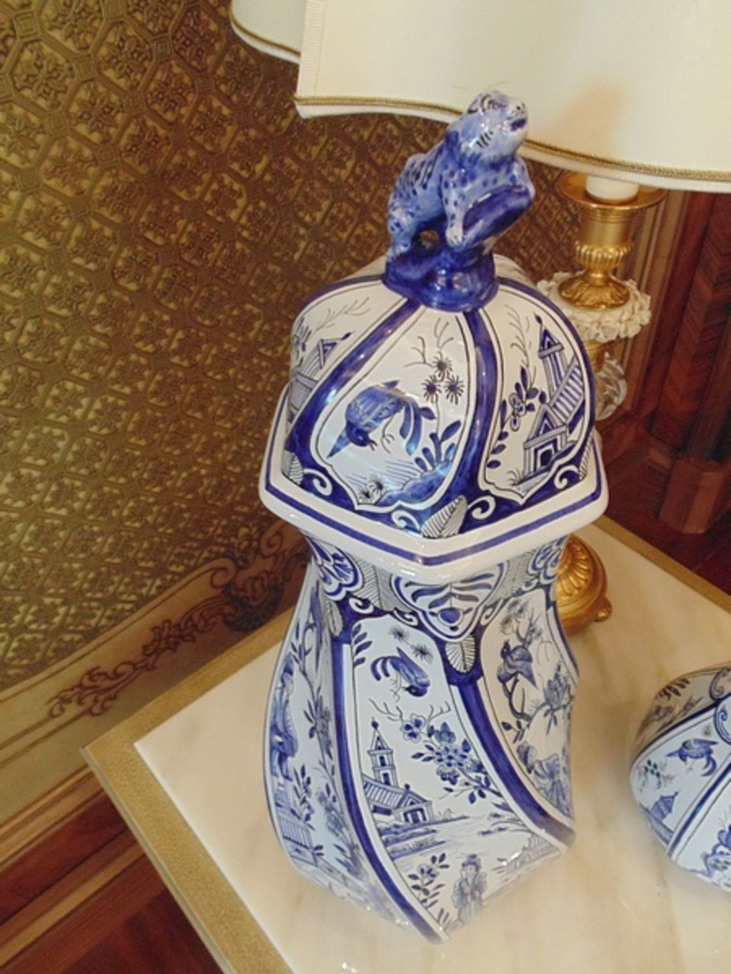 Oriental pattern faïence lidded vase inscribed Geo Martel Desvres France 420mm tall