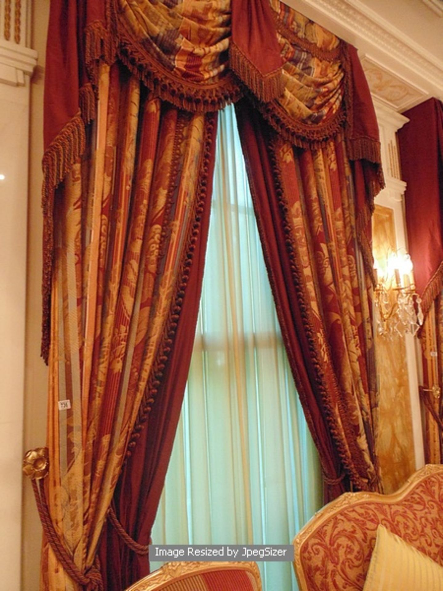 A pair of gold and burgundy curtains supplied by Jacquard from Rudolph Ackermann`s A series design - Image 4 of 7
