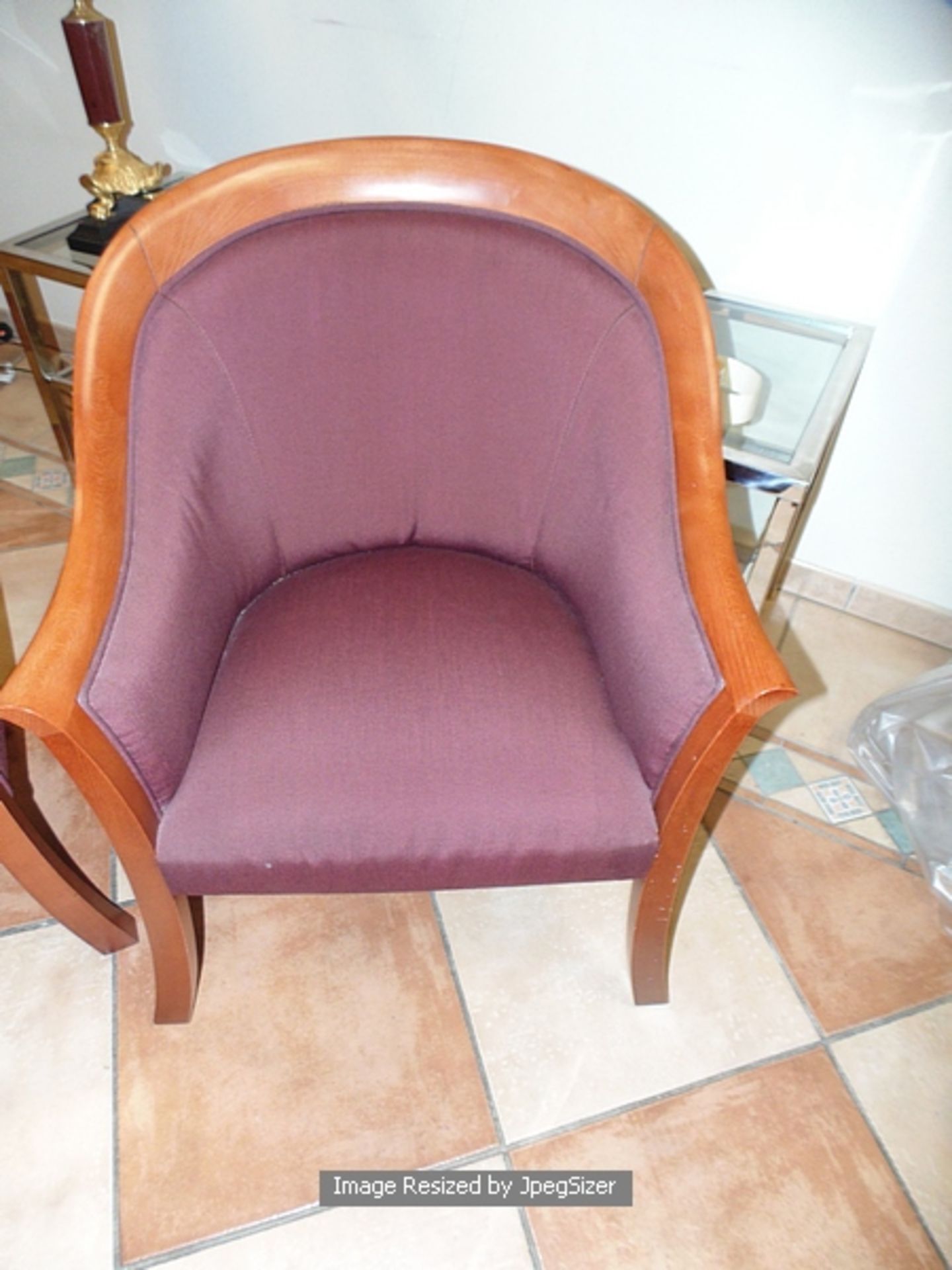 A pair of polished mahogany framed upholstered club chairs plum chenille type fabric - Image 2 of 2