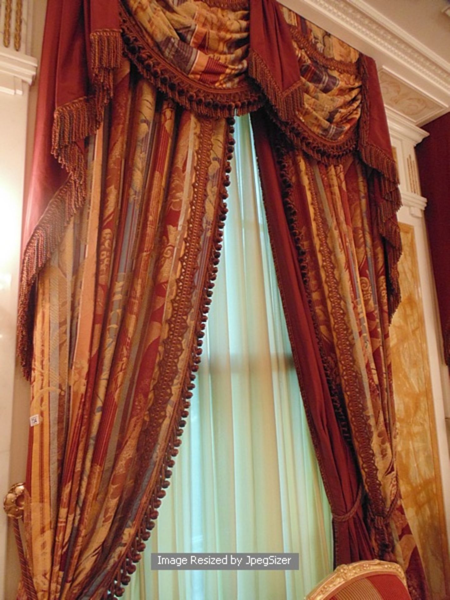 A pair of gold and burgundy curtains supplied by Jacquard from Rudolph Ackermann`s A series design - Image 2 of 7