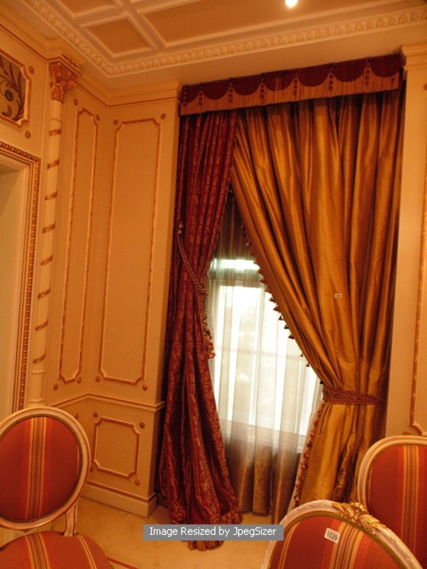 A set of two asymmetrical curtains of bronze gold curtains supplied by Jacquard from Rudolph - Image 2 of 3