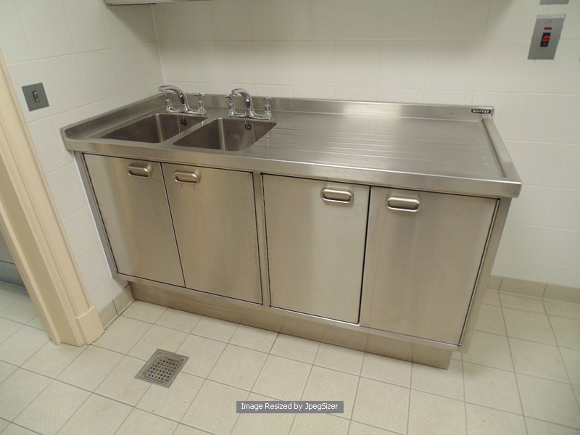 Moffat stainless steel double bowl utensil sink RHD with 2 x double door cupboards under 1580mm x