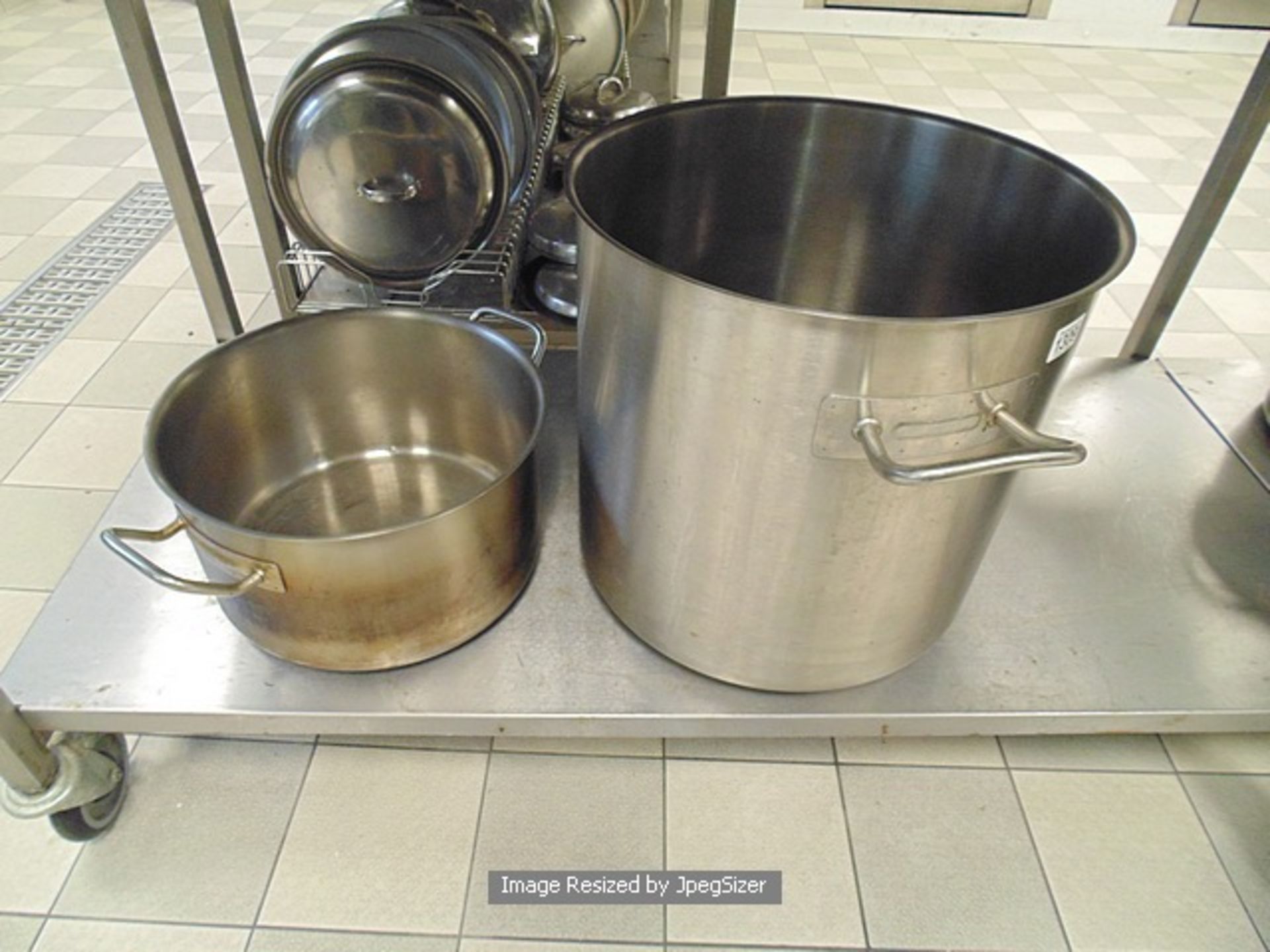 2 x Lagor stainless steel commercial stock pots 1 x 56 litre capacity 420mm x 410mm 1 x 18 litre