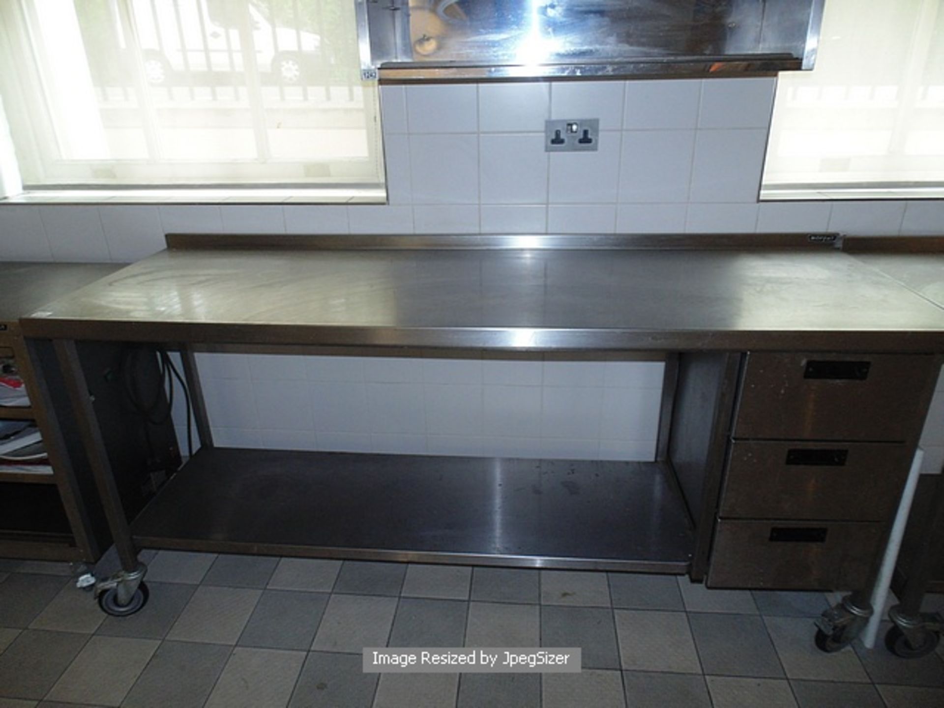 Moffat stainless steel mobile preparation table with up stand under shelf and three integral drawers - Image 2 of 2