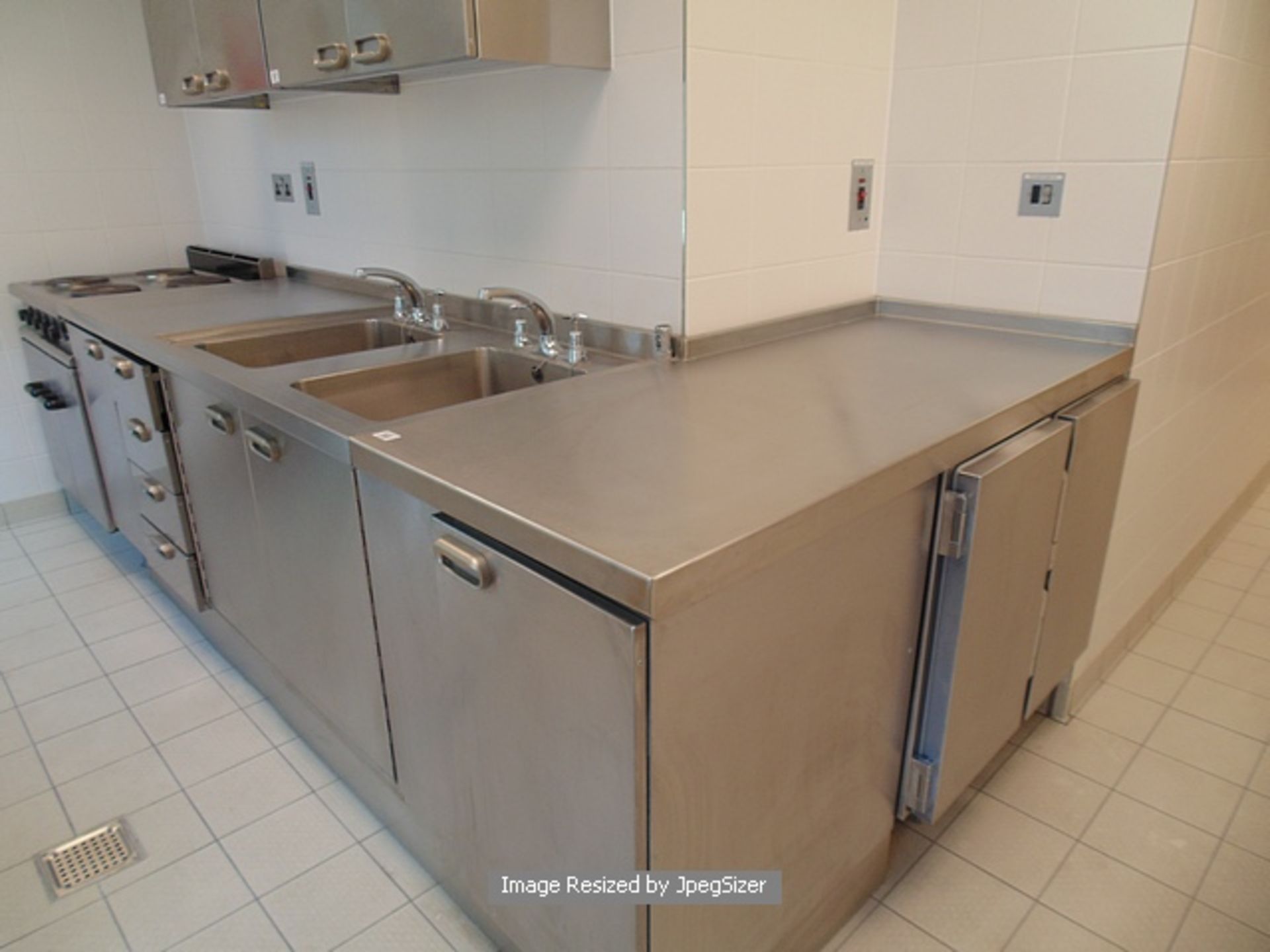 Moffat stainless steel L shaped kitchen workstation comprising of double door under counter