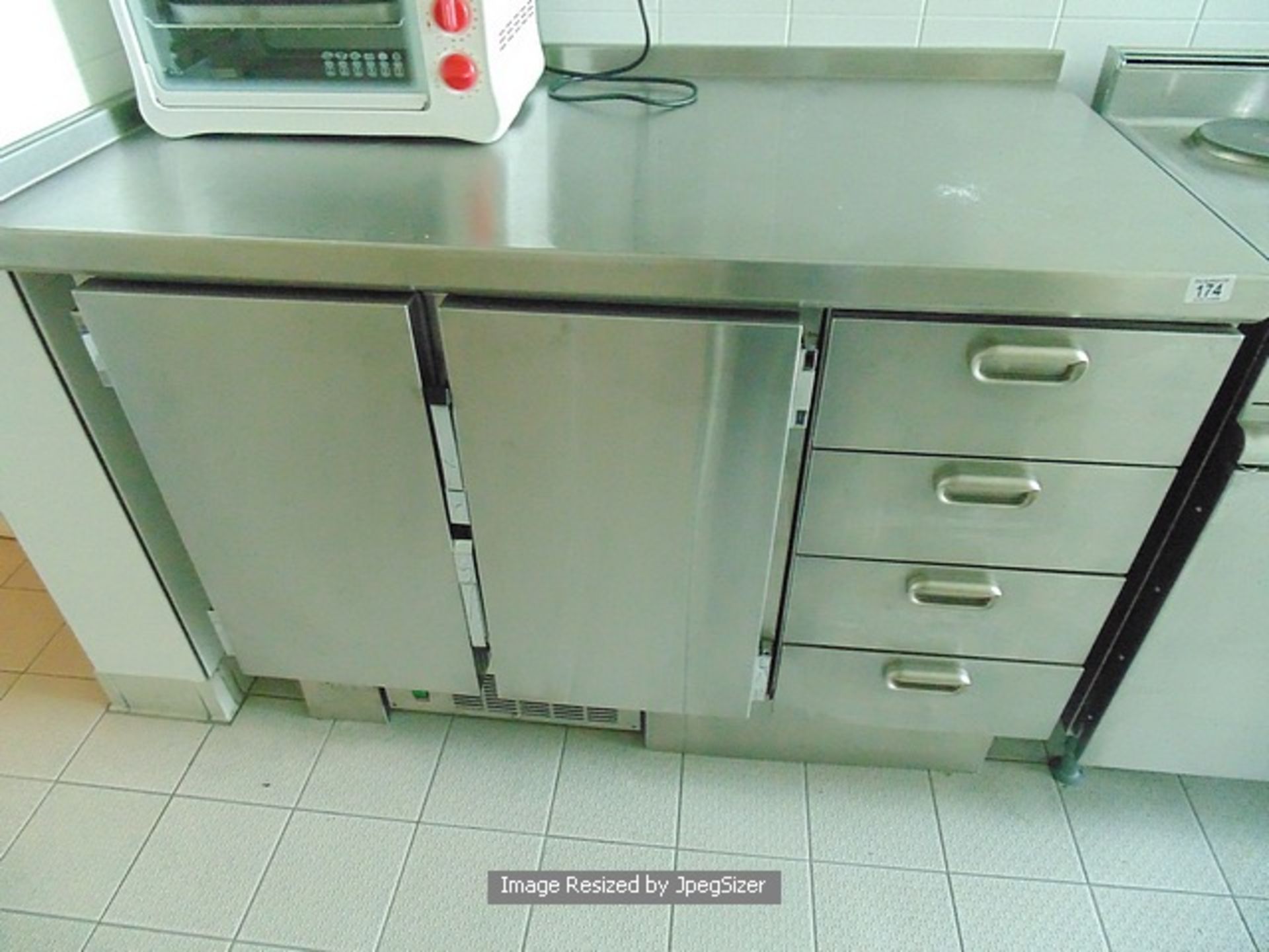 Moffat stainless steel two door under counter bench chiller complete with four drawer cupboard - Image 2 of 2