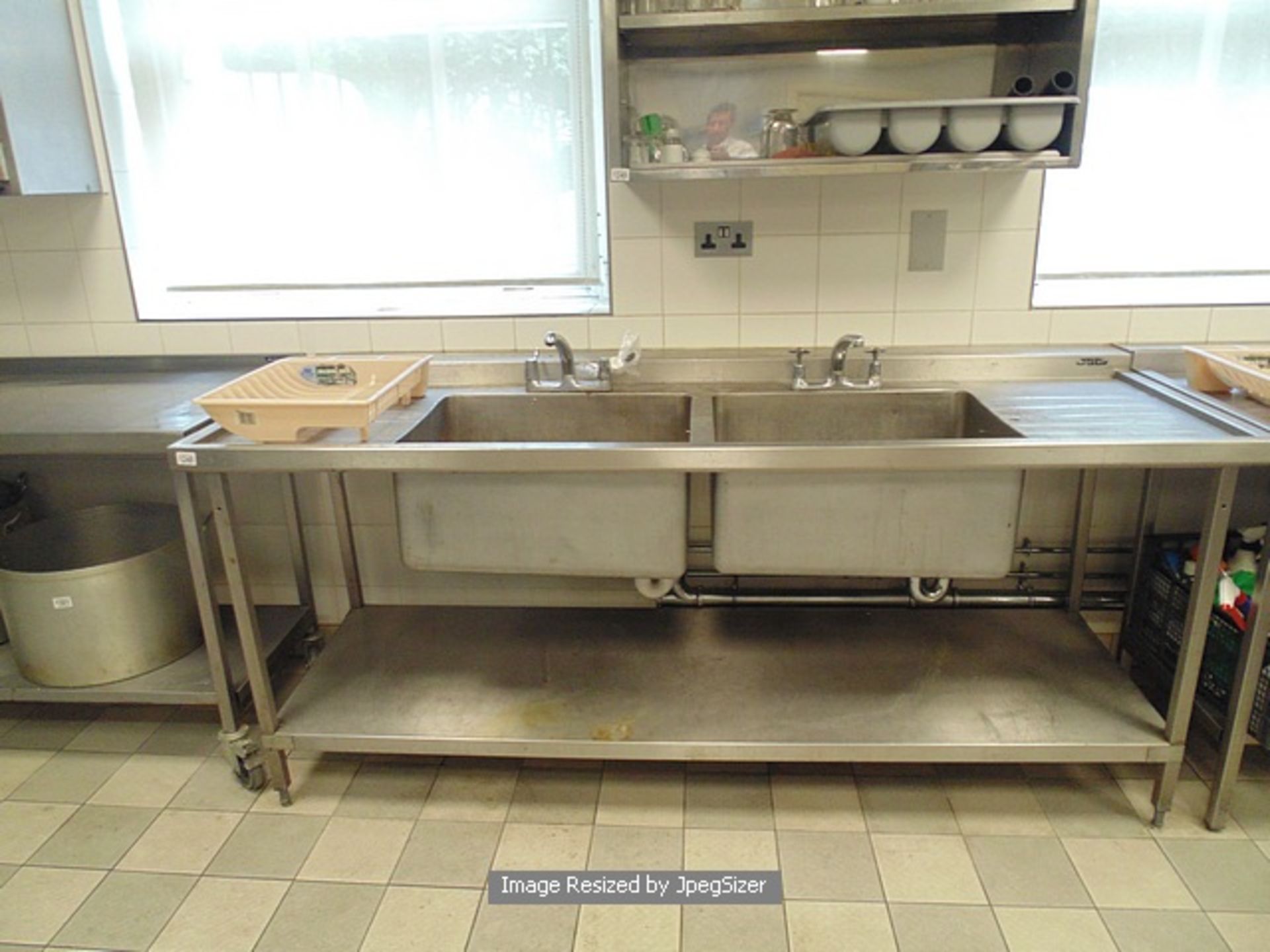 Moffat stainless steel twin bowl utensil sink left and right drainers with under shelf 2090mm x