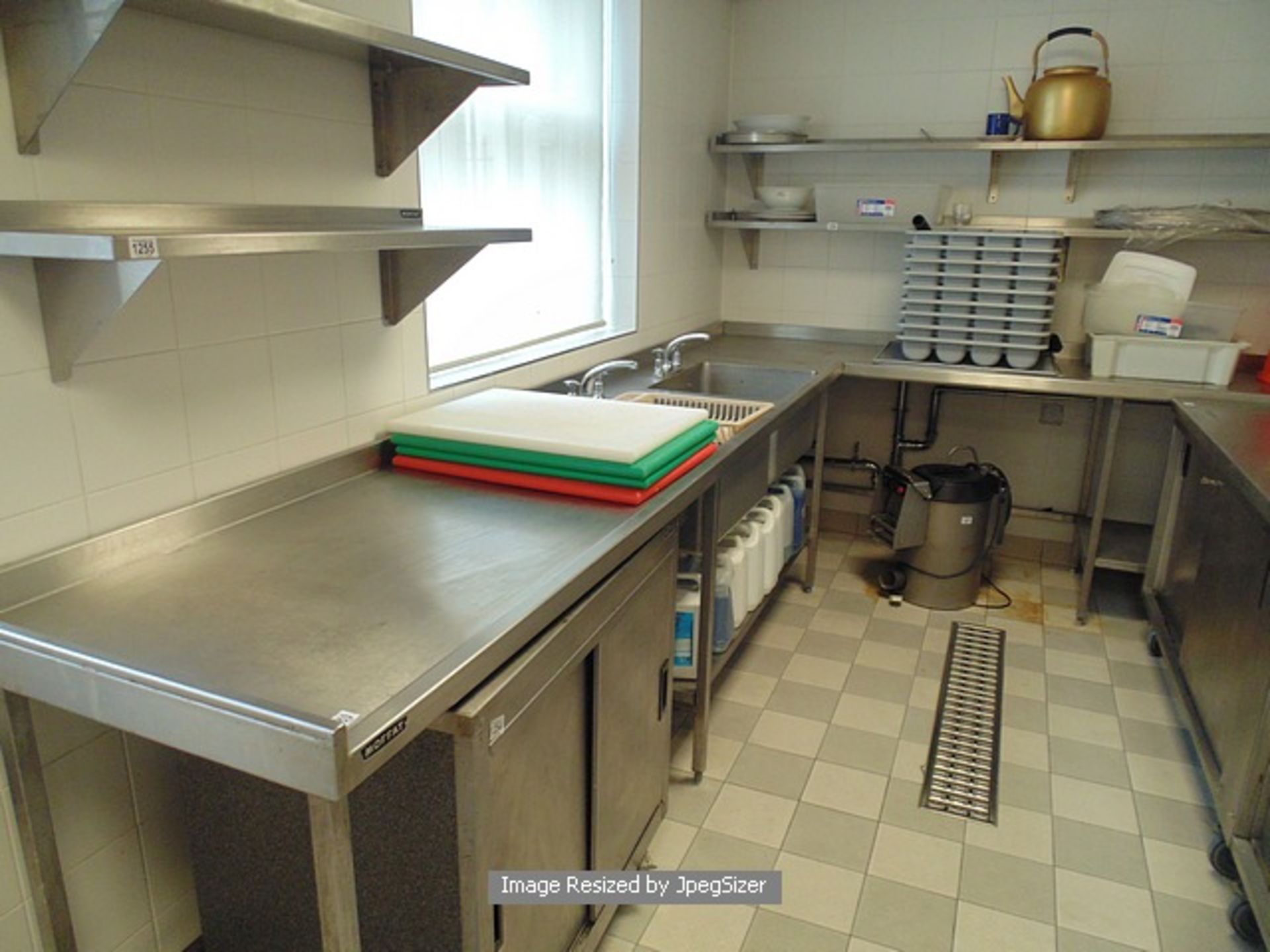 Moffat stainless steel L shaped tabling unit with double bowl utensil sink 3500 / 2520mm x 700mm