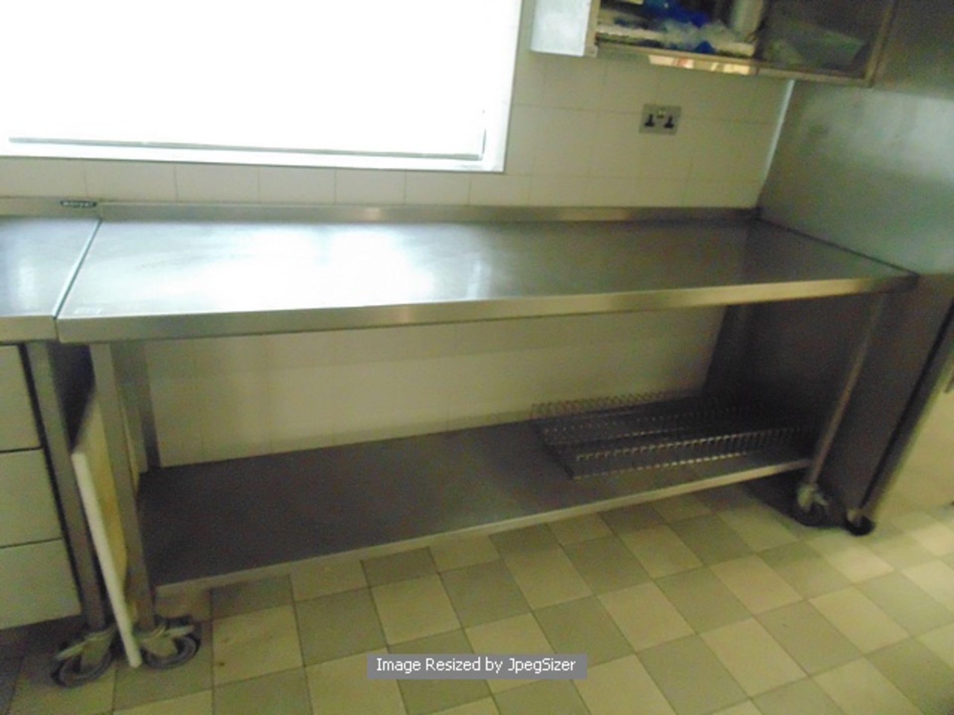 Moffat stainless steel mobile preparation table with up stand and under shelf 2100mm x 850mm x 900mm