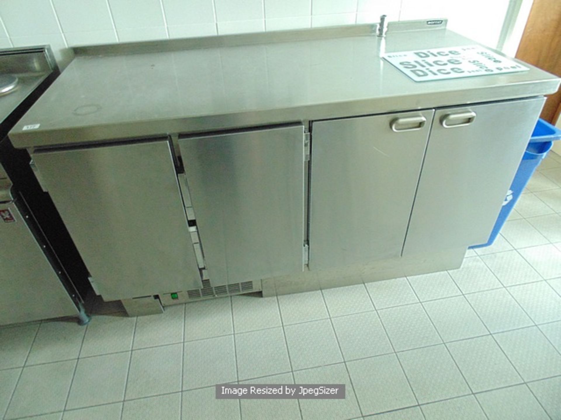 Moffat stainless steel two door under counter bench chiller complete with two drawer cupboard unit