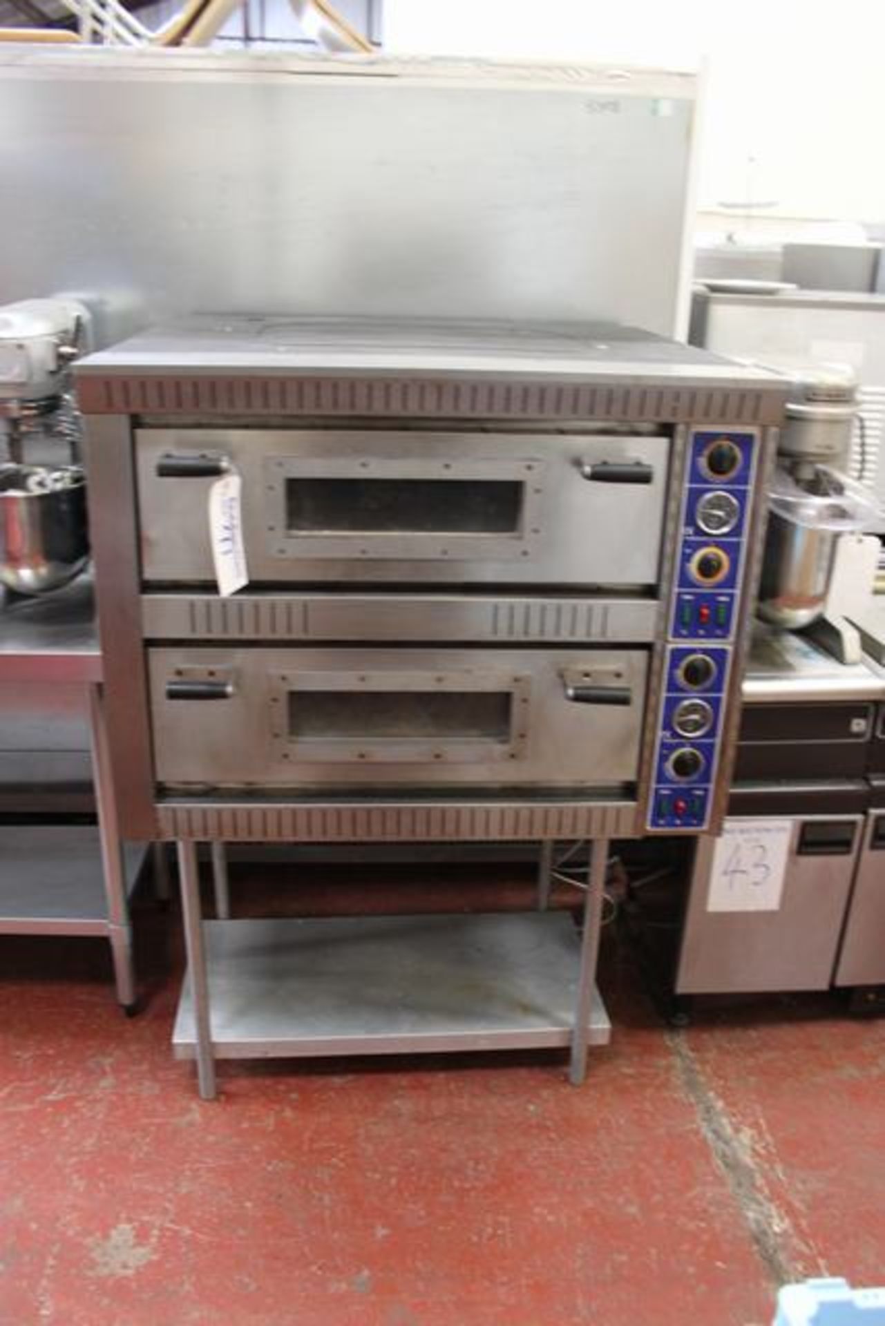 Two deck 3 phase electric twin pizza oven each deck 700mmx 700mm x 140mm complete with stand