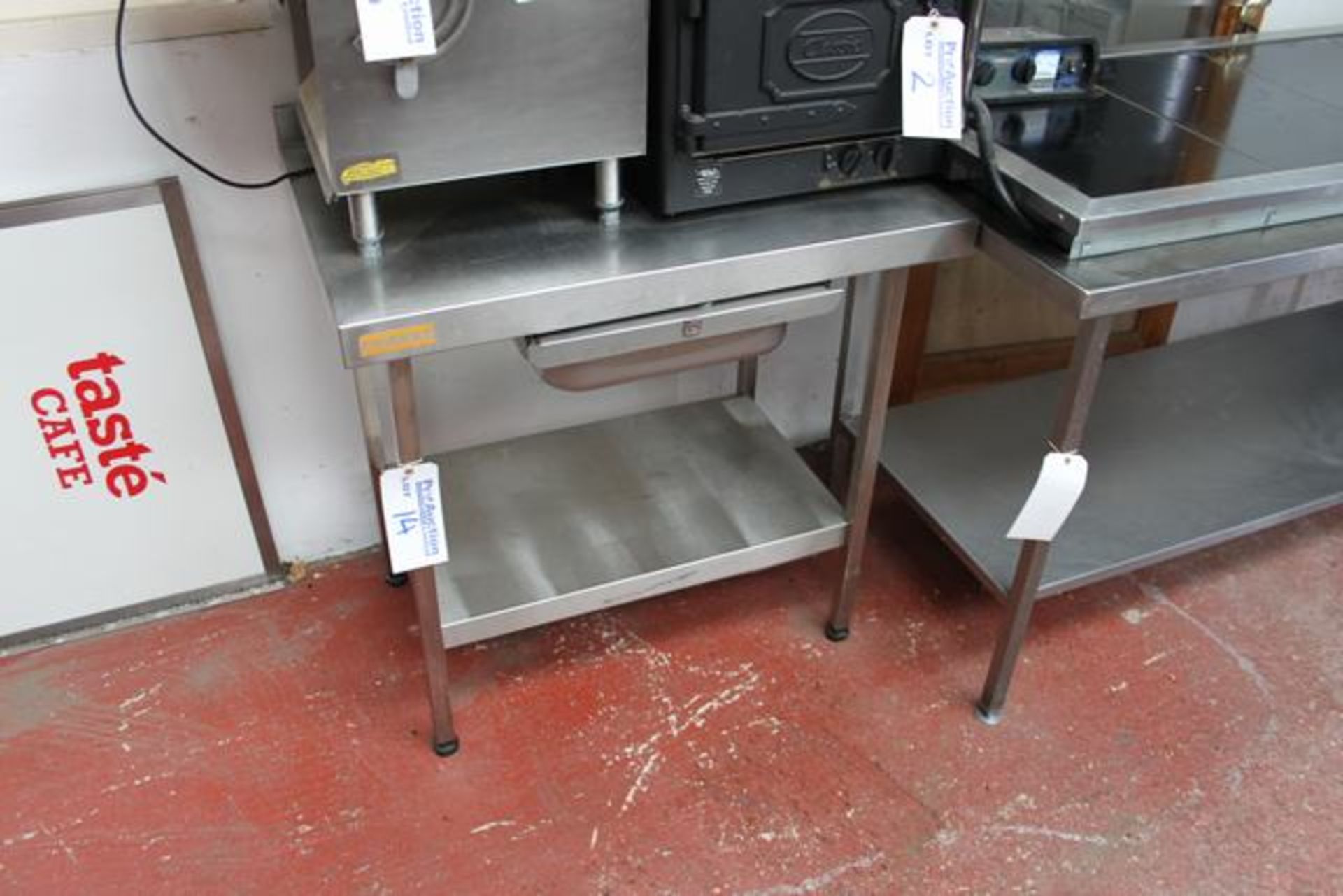 Stainless steel prep table with drawer shelf and upstand 900mm x 620mm