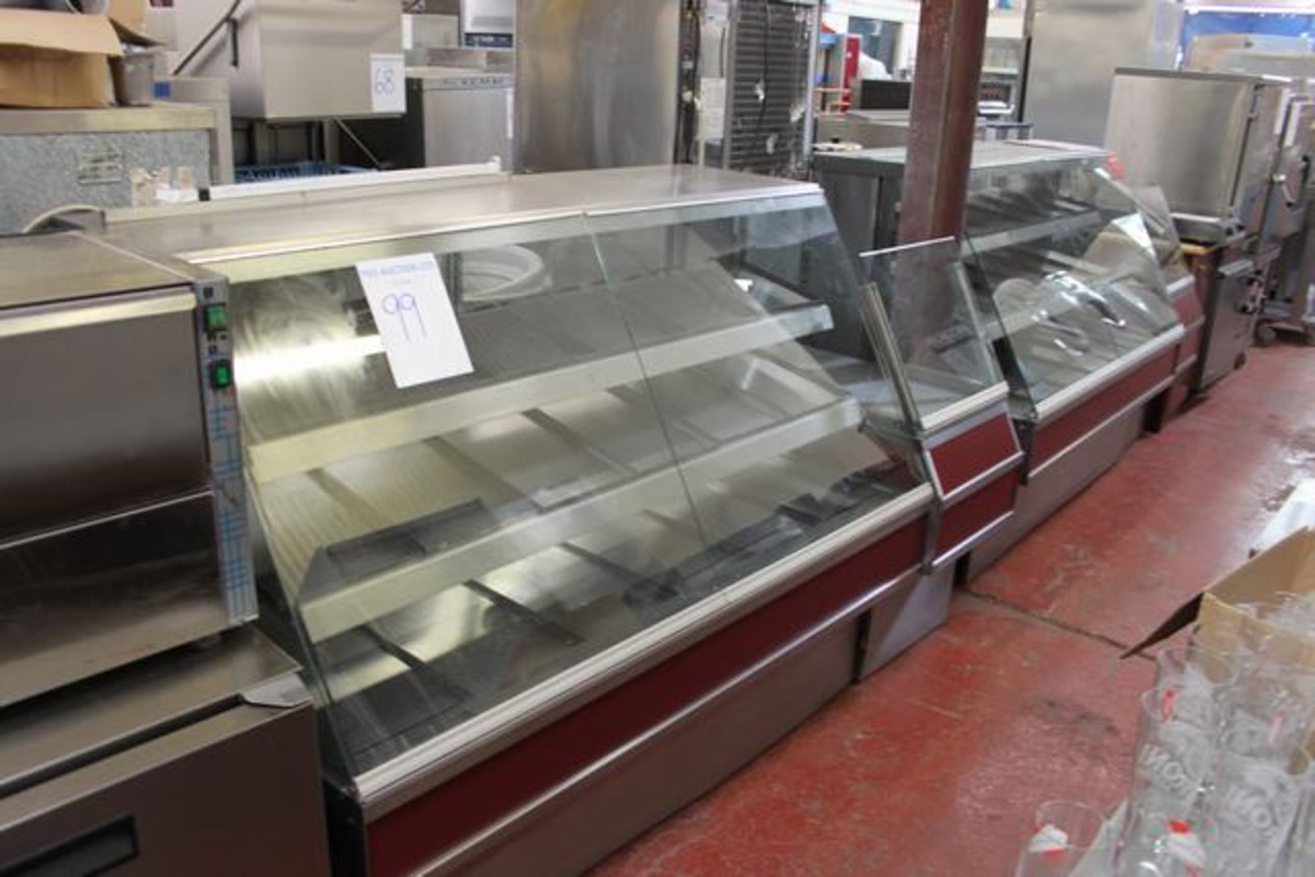 Complete shop counter server unit with chilled two door glass front and heated open back display