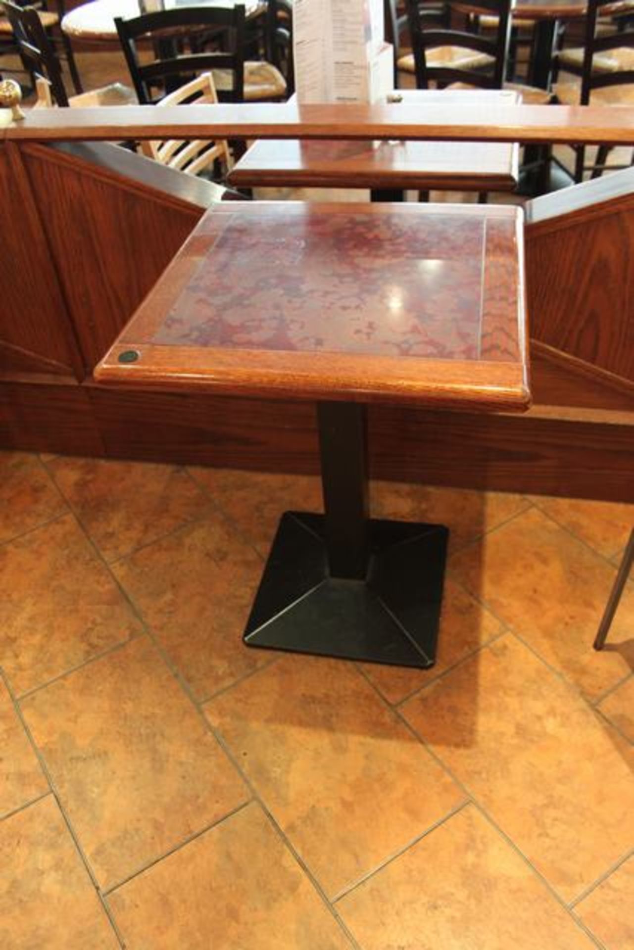 Wooden laminate top café table with insert mounted on RC cast iron cafe table base 600mm x 600mm