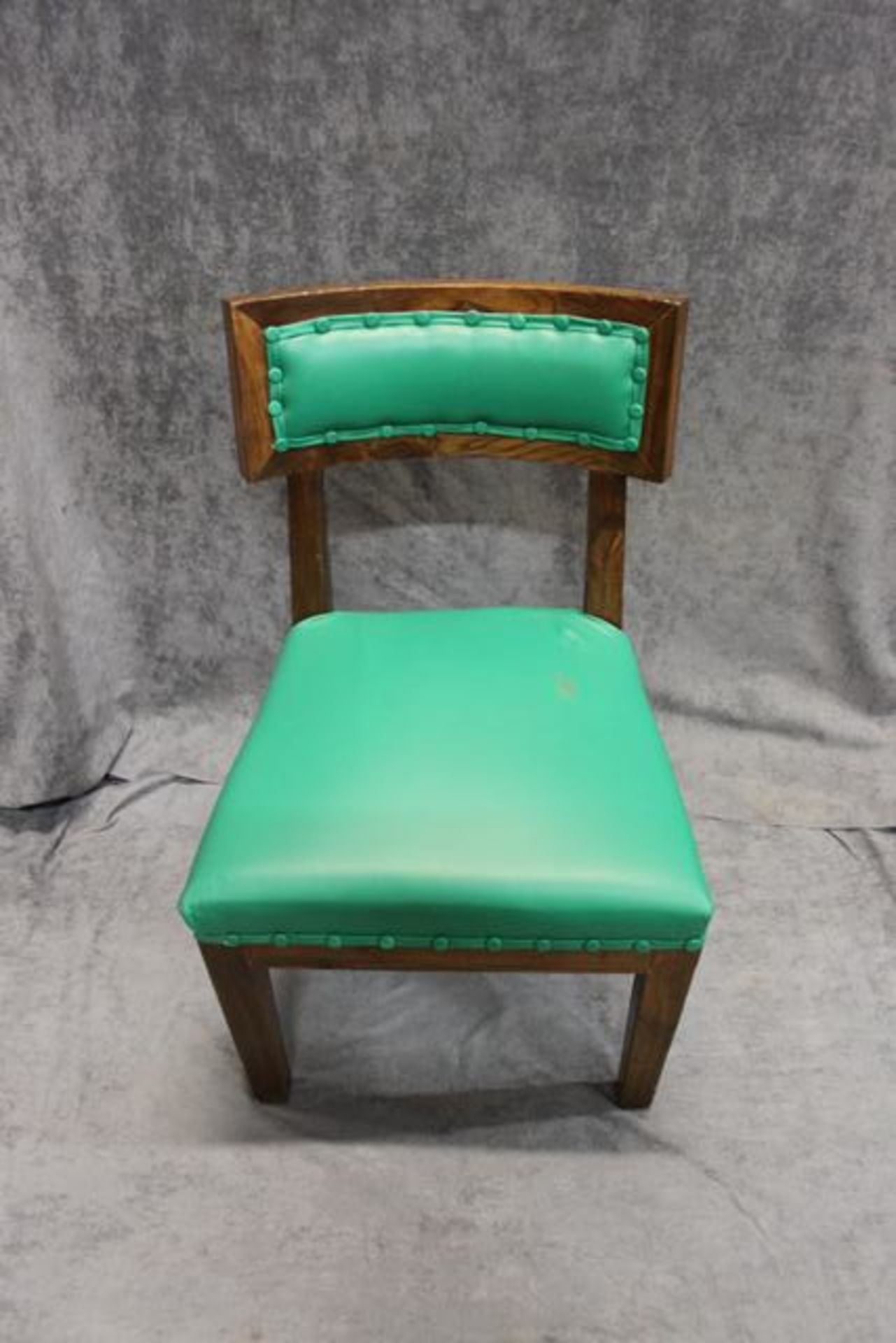 A set of 4 contemporary green bonded leather dining chairs hardwood polished walnut finish frame