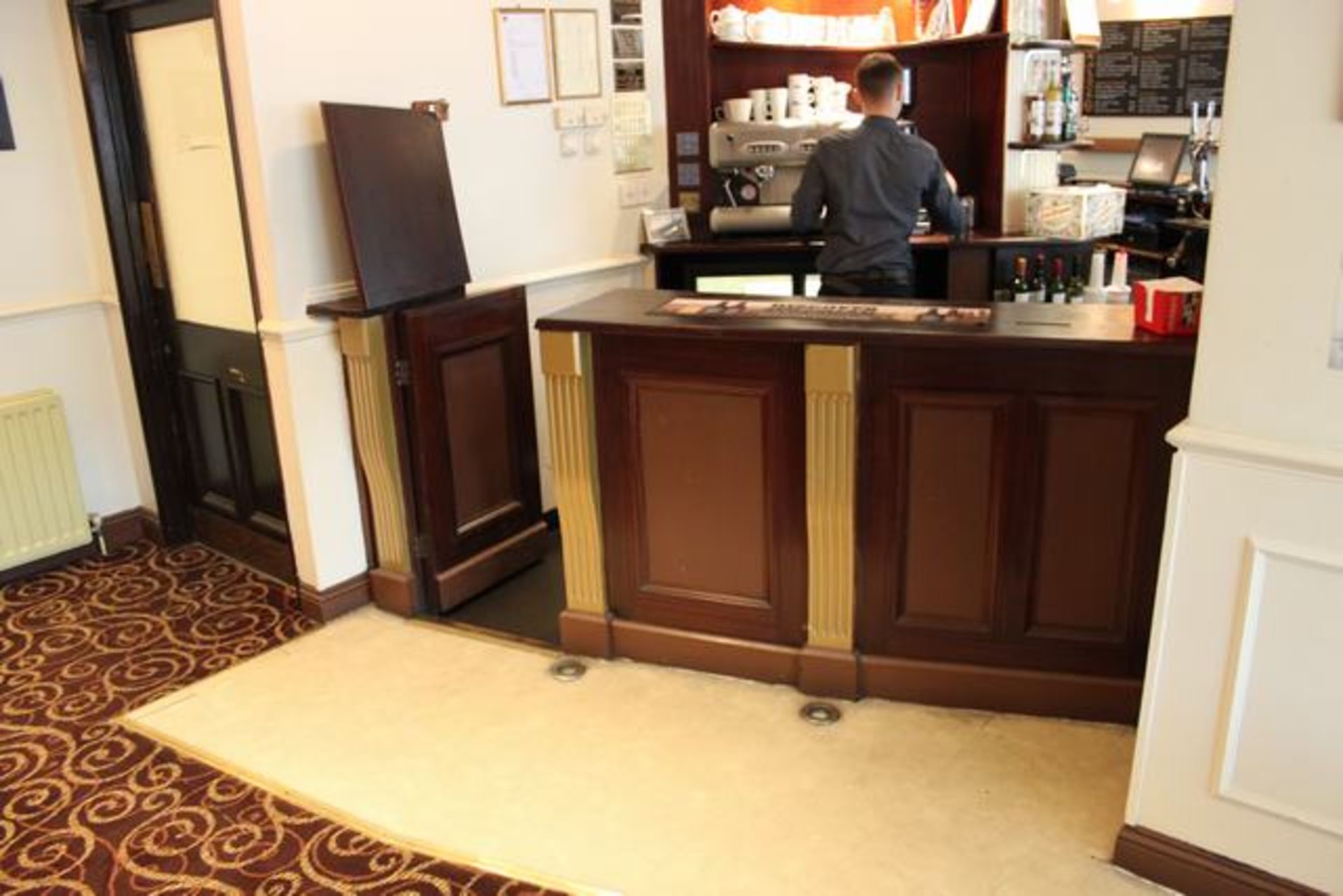 Complete bar counter comprising of mahogany stained horseshoe shape spanning 14m the front carved - Image 4 of 4