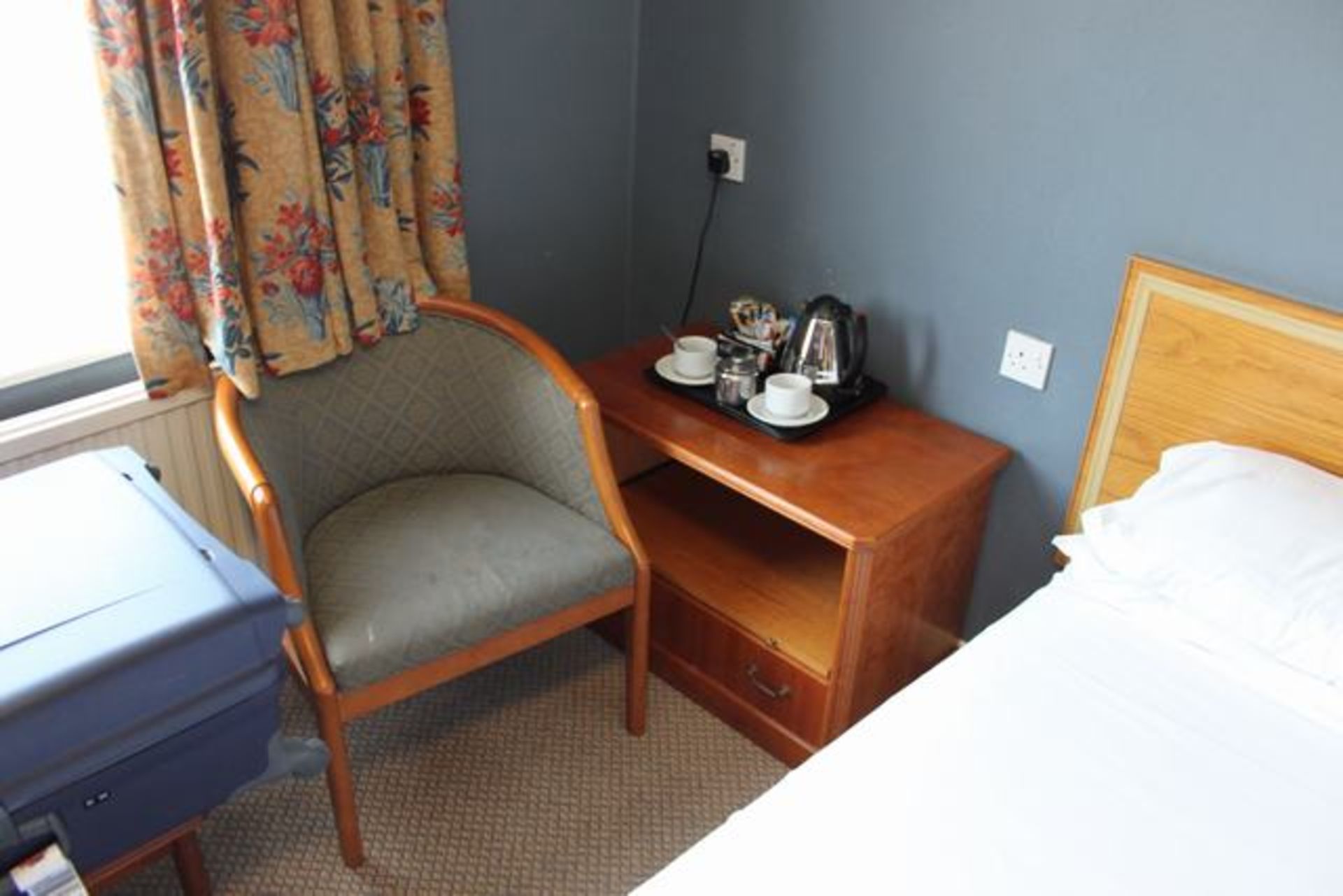 Room 103 comprising double bed, three drawer nightstand chest, audio cabinet, tub chair, coffee - Image 3 of 5