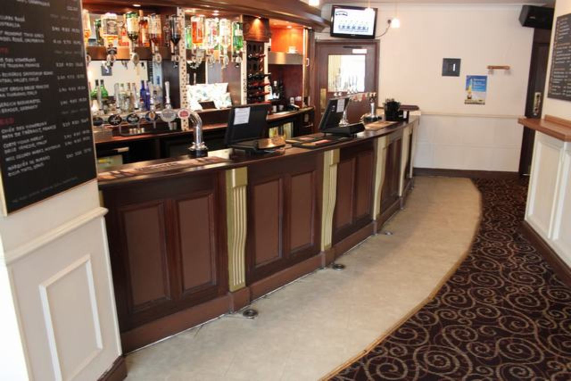 Complete bar counter comprising of mahogany stained horseshoe shape spanning 14m the front carved - Image 3 of 4