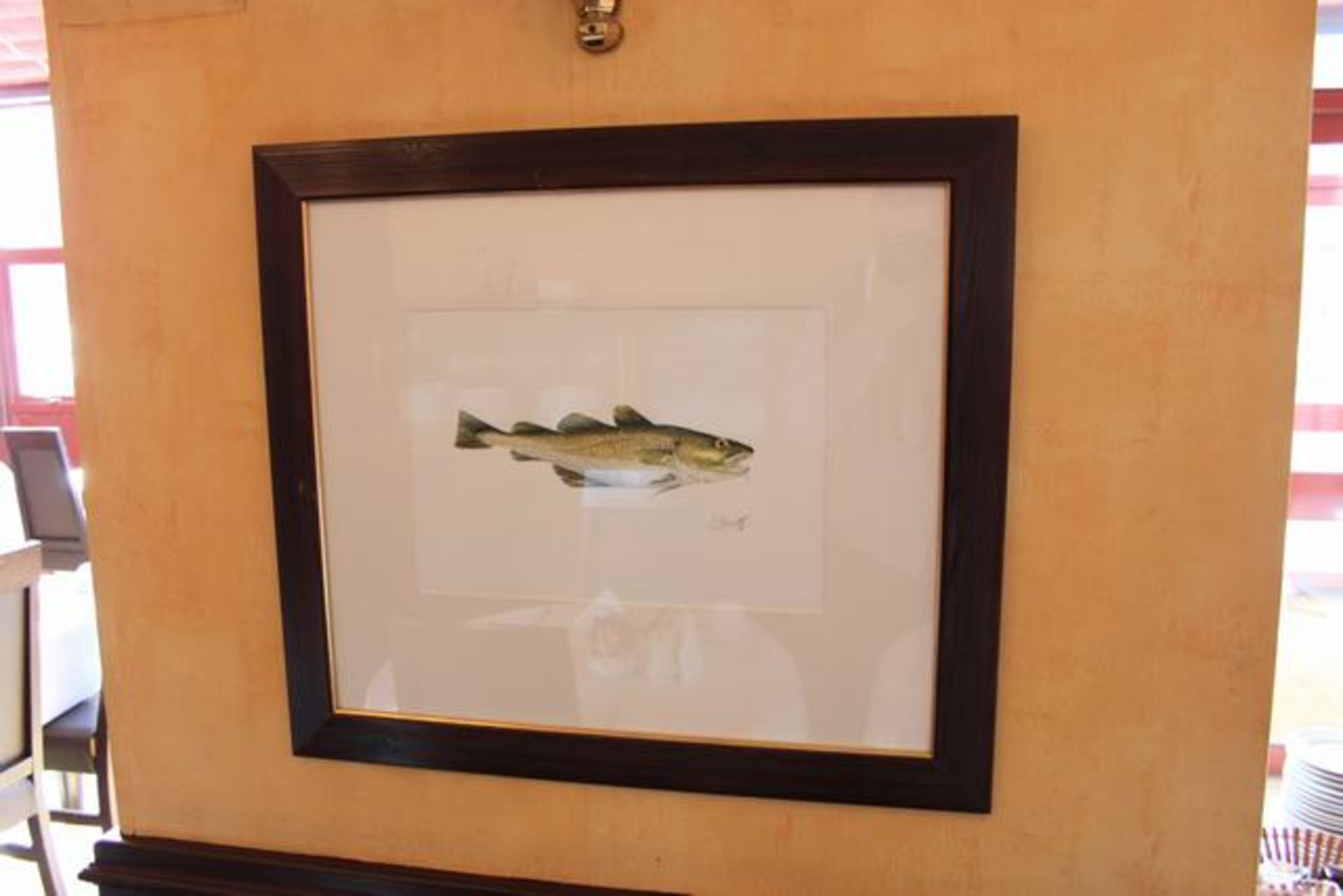 Framed artwork depicting a trout signed D Galbraith 98 780mm x 680mm  Lift out charge  5