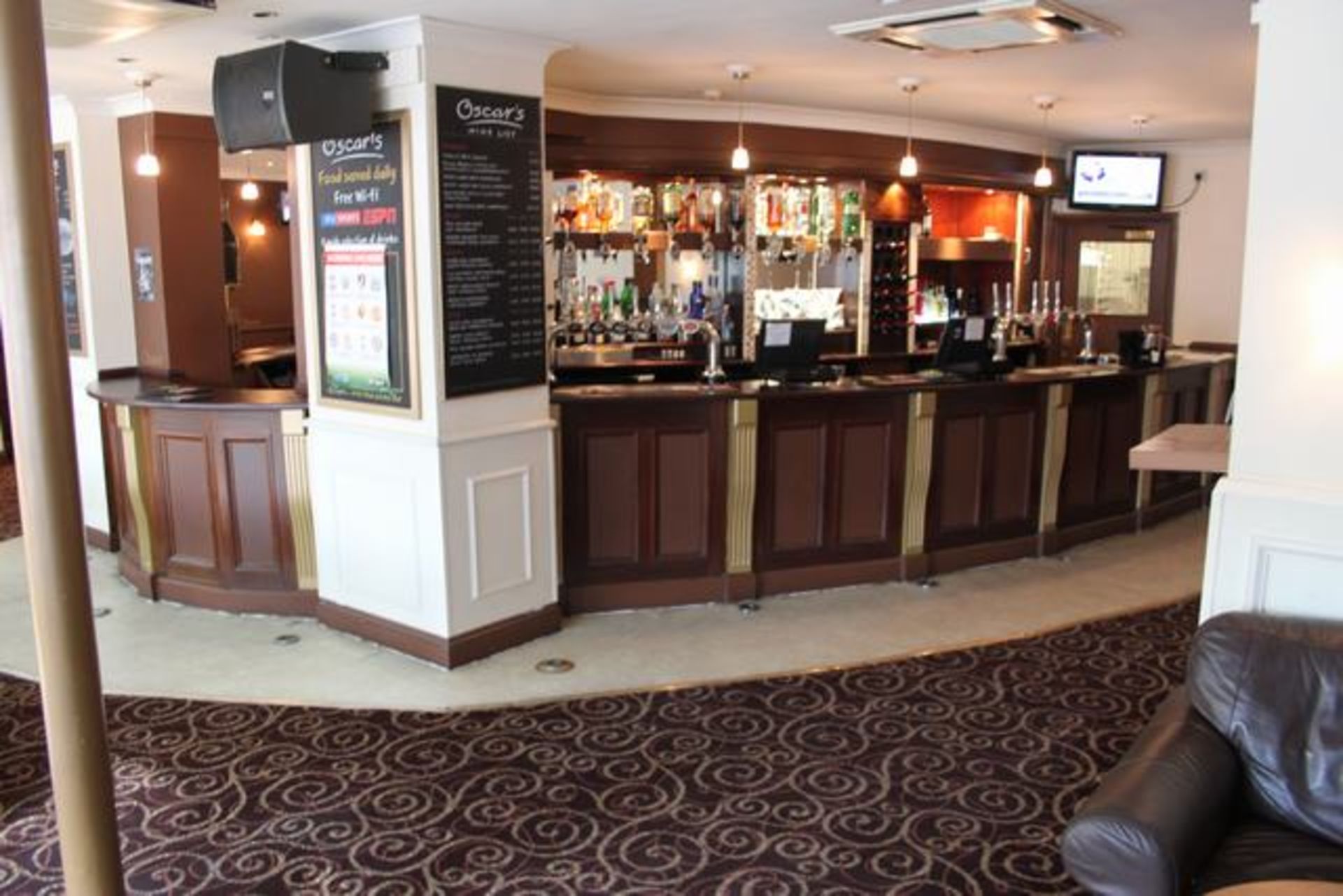 Complete bar counter comprising of mahogany stained horseshoe shape spanning 14m the front carved - Image 2 of 4