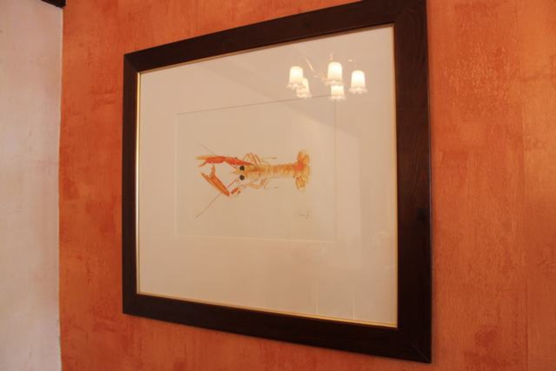 Framed artwork depicting a lobster signed D Galbraith 98 800mm x 700mm Lift out charge  5