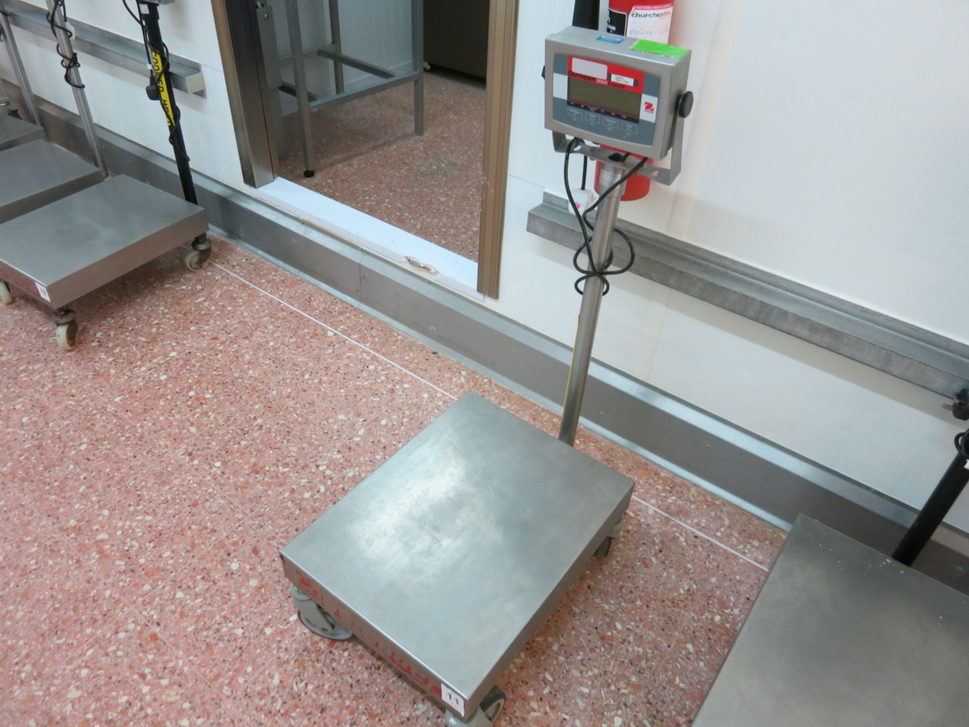 Ohaus platform scale, model T32XW, max 150 kg, min 0.02, on mobile stand
LIFT OUT CHARGE £10